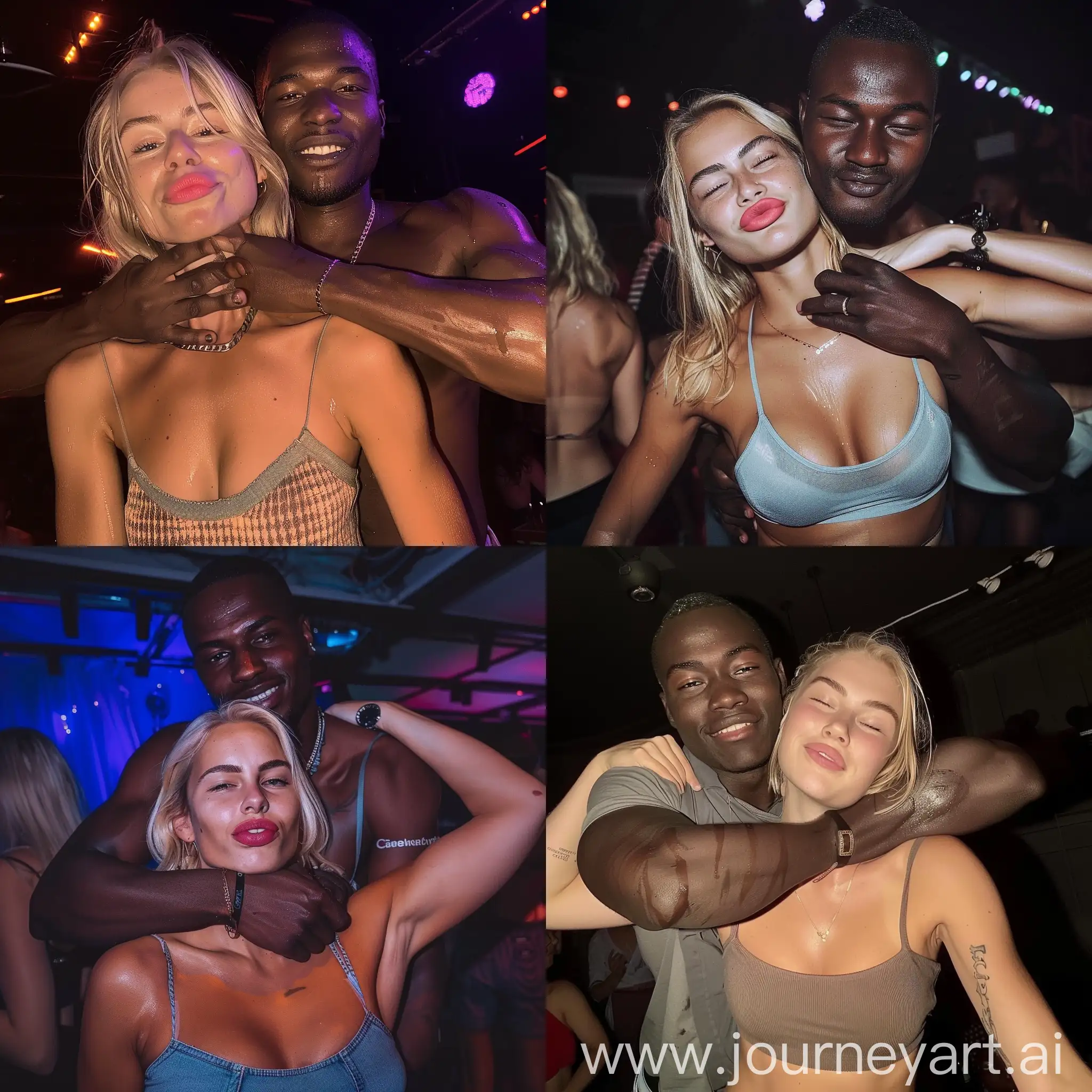 Aesthetic instagram selfie of a blonde danish woman in a party club crop-top getting hugged possessively by her tall robust african partner, she is doing the duck lips pose, her partner is grabbing her neck and smiling, the woman is beautiful and looks typically danish, both are looking at the camera, sweaty and flirty