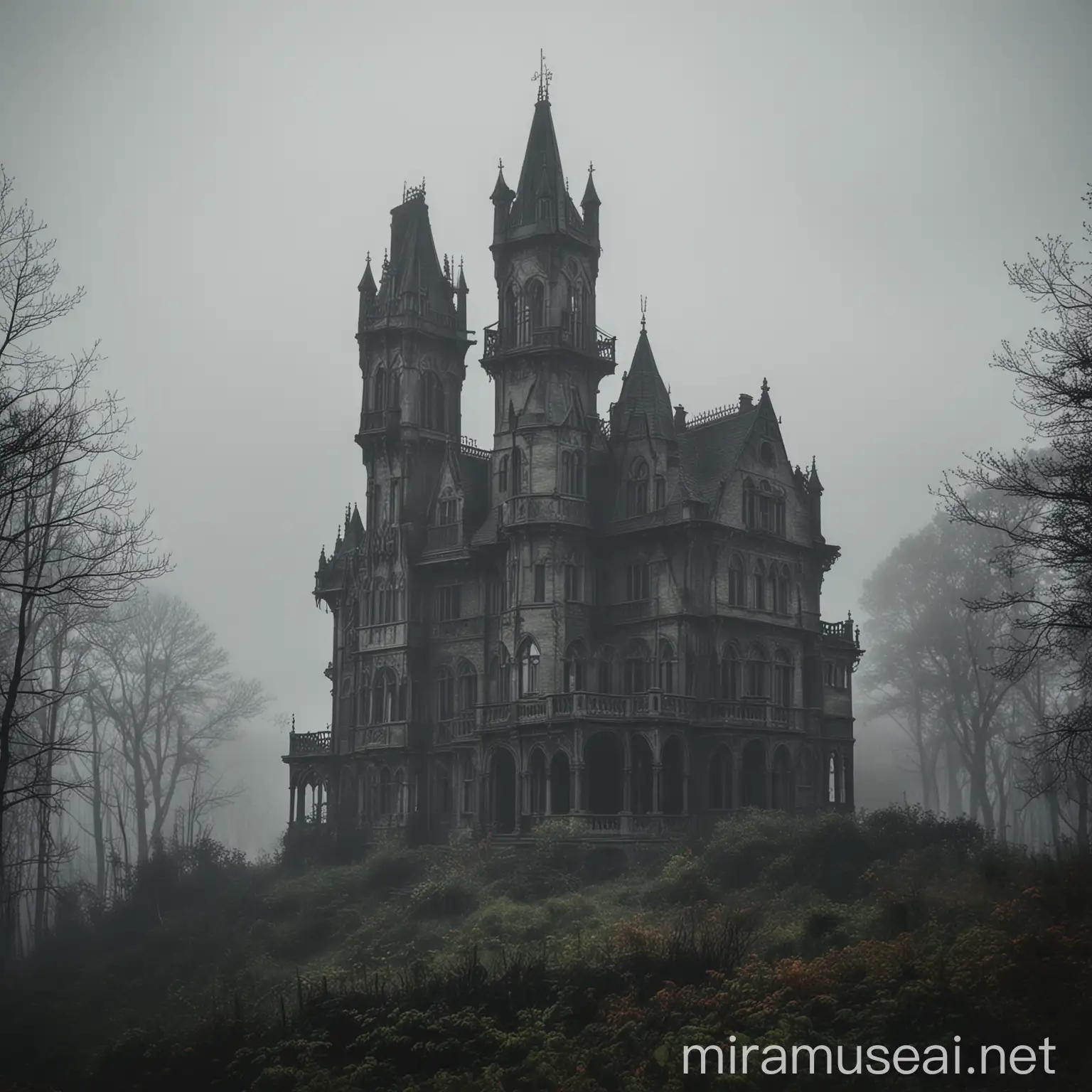: Una mansión gótica imponente en lo alto de una colina, rodeada de densos bosques y envuelta en una niebla perpetua. La mansión tiene torres altas y ventanas oscuras, con una atmósfera inquietante.