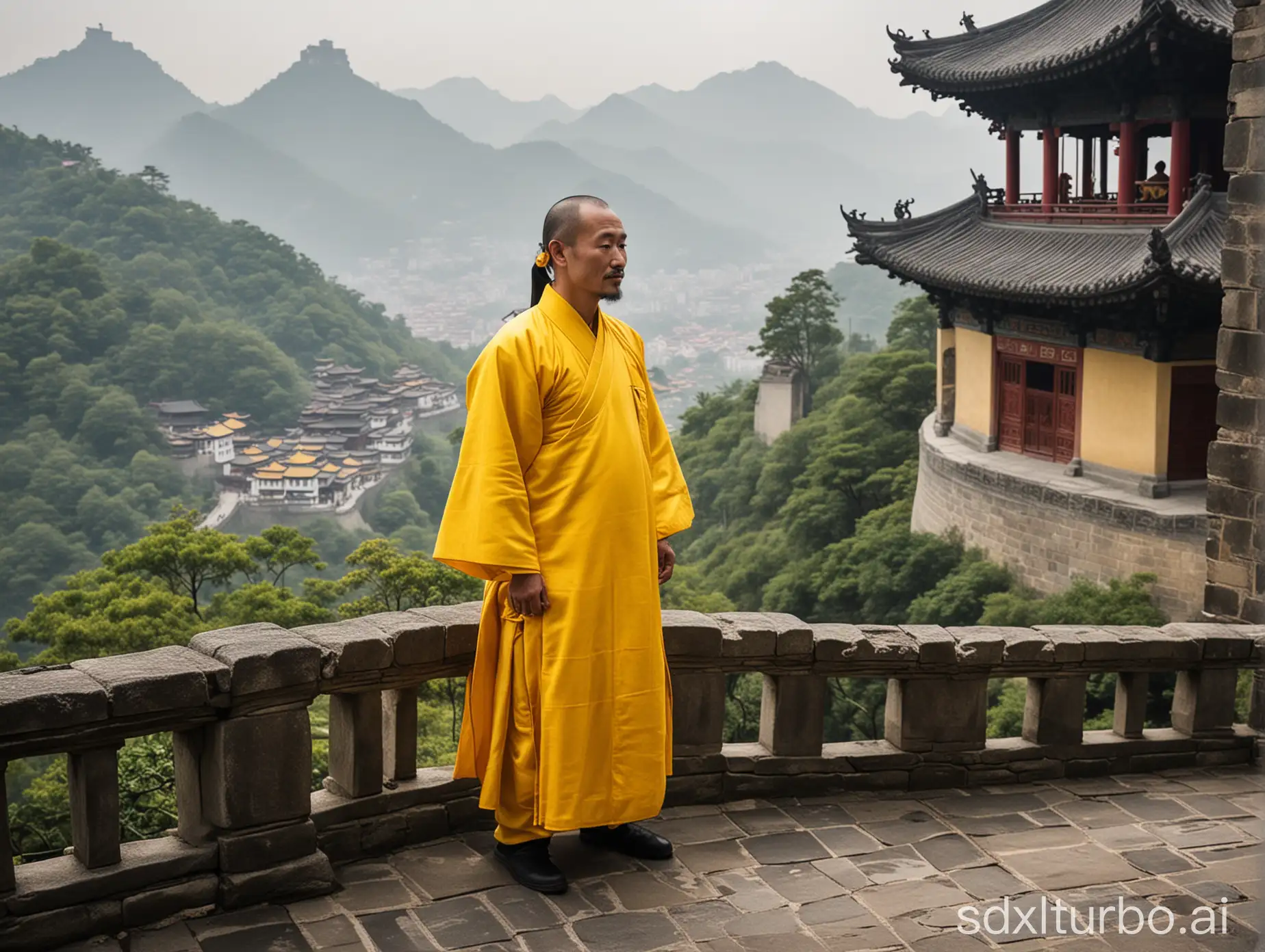 a Taoist in ceremonial yellow robe in a temple of Mount Wudang