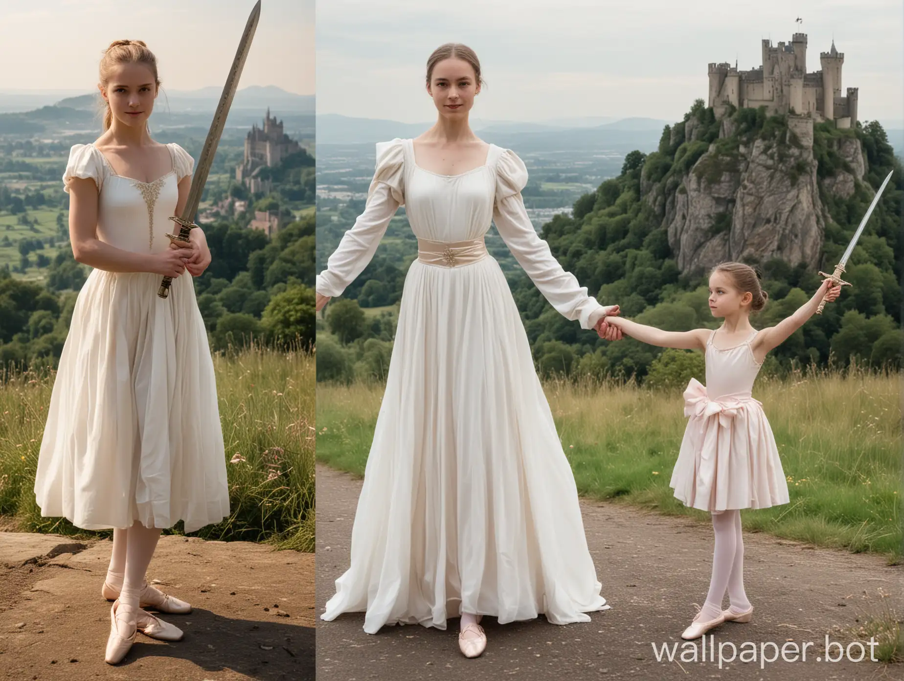 Graceful-Ballet-Girl-and-Warrior-Woman-with-Sword-near-Castle