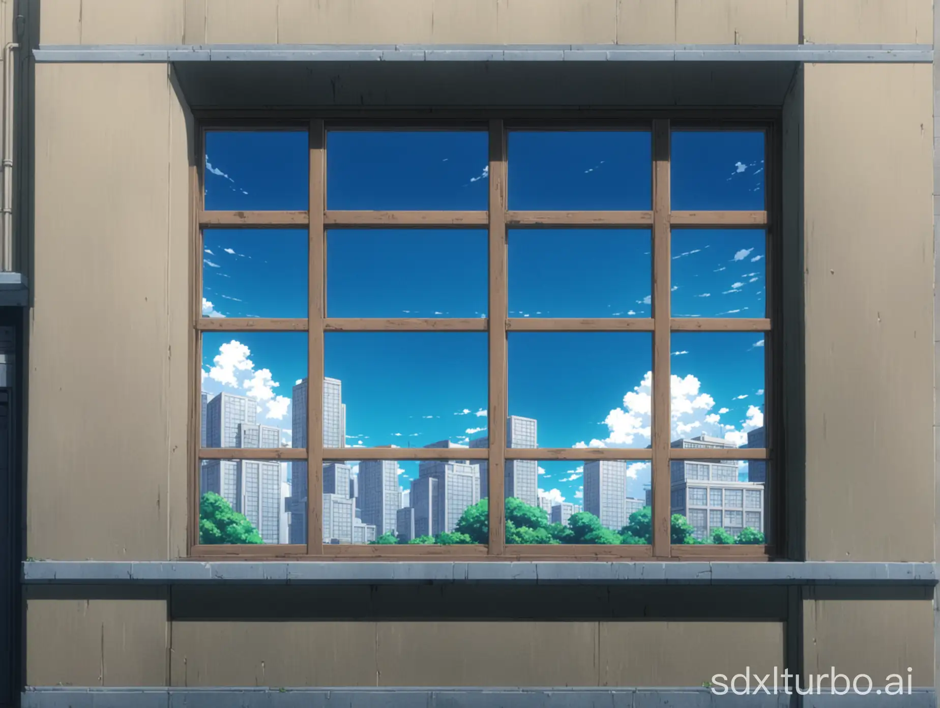 an anime background with building window seen from outside