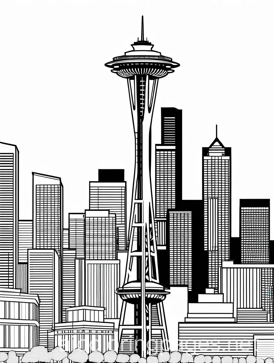 seattle space needle
, Coloring Page, black and white, line art, white background, Simplicity, Ample White Space. The background of the coloring page is plain white to make it easy for young children to color within the lines. The outlines of all the subjects are easy to distinguish, making it simple for kids to color without too much difficulty