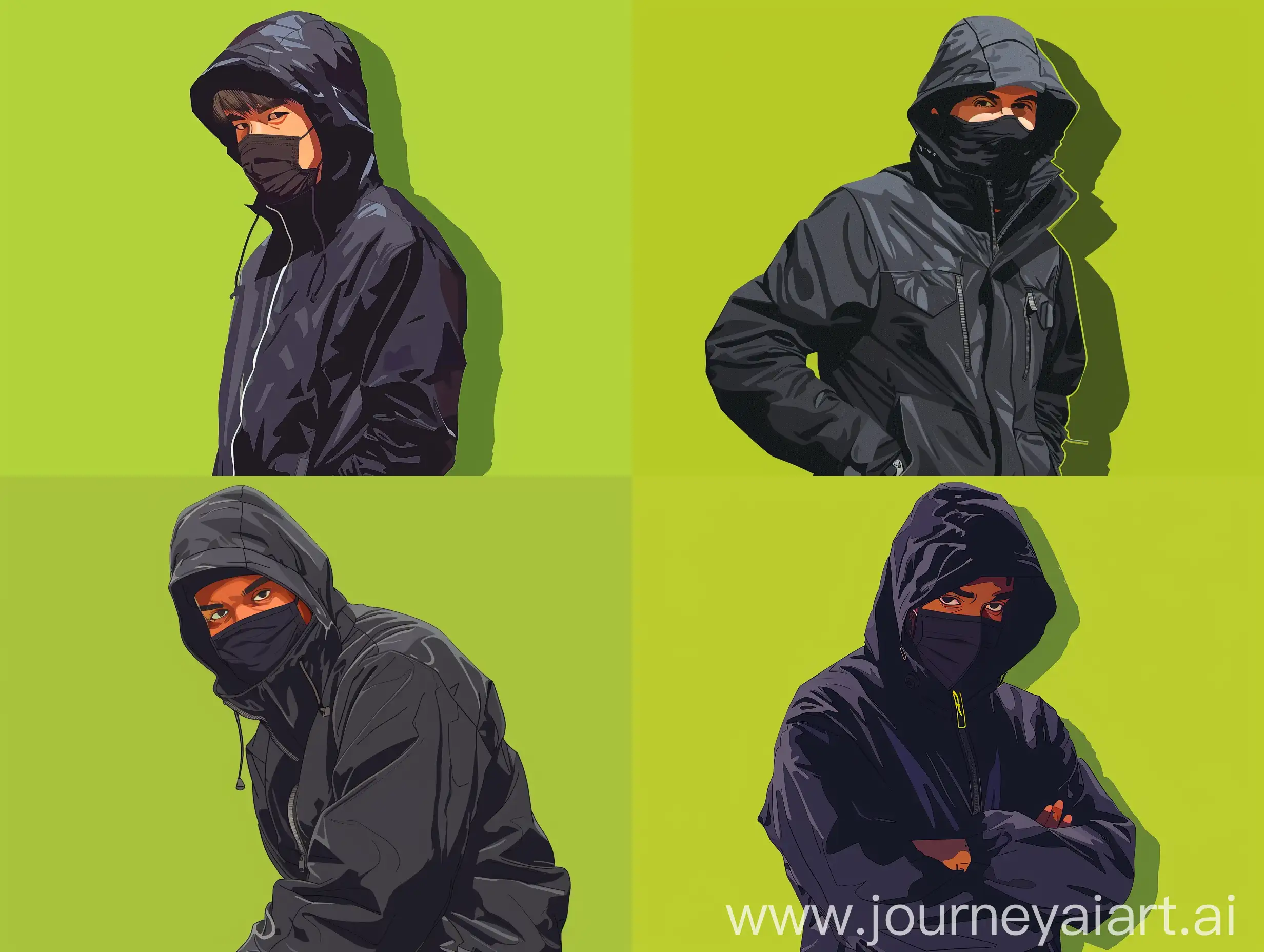 A man in his early 30s wearing a black jacket with a hood up and a mask covering his nose and mouth, on a bright green background in a full-length T pose, all in cartoon style