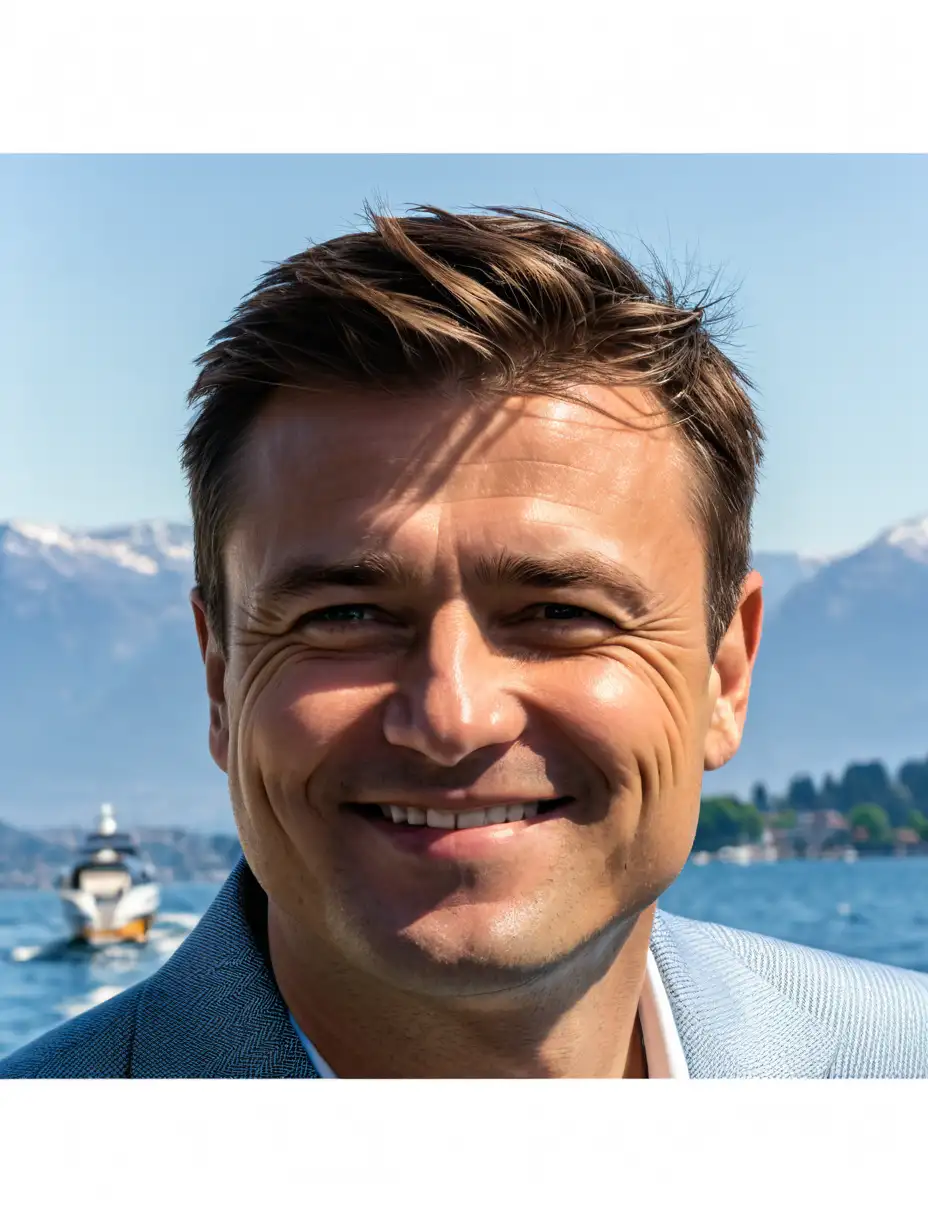 beautiful elegant German businessman 32 years old with fat smiling face very short haircut  look direct to camera wearing Hugo boss light blue suit with Stripes and  staying private luxury yacht to sunrise sea view  Geneva lake