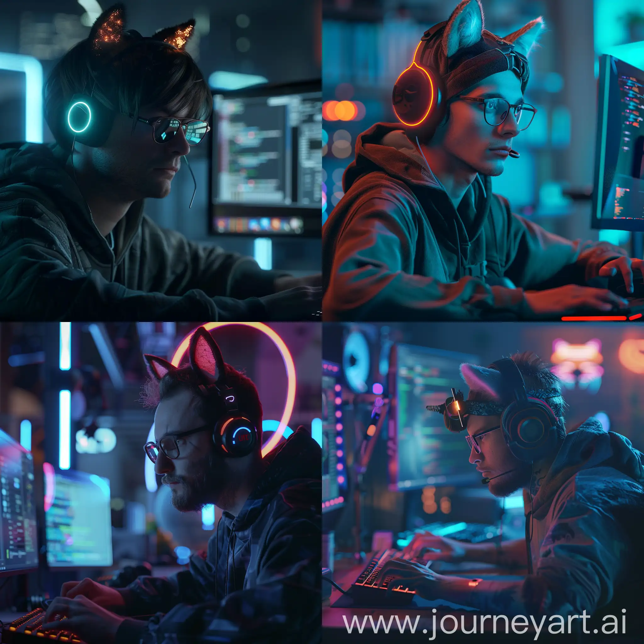 A programmer is sitting at a computer. He is wearing a hoop with cat ears on his head. The programmer is a guy with glasses. photorealistic, ultra realistic, cinematic composition, cinematic high detail, cinematic lighting, hyper-detailed, beautifully color-coded, beautifully color graded, Unreal Engine, Cinematic