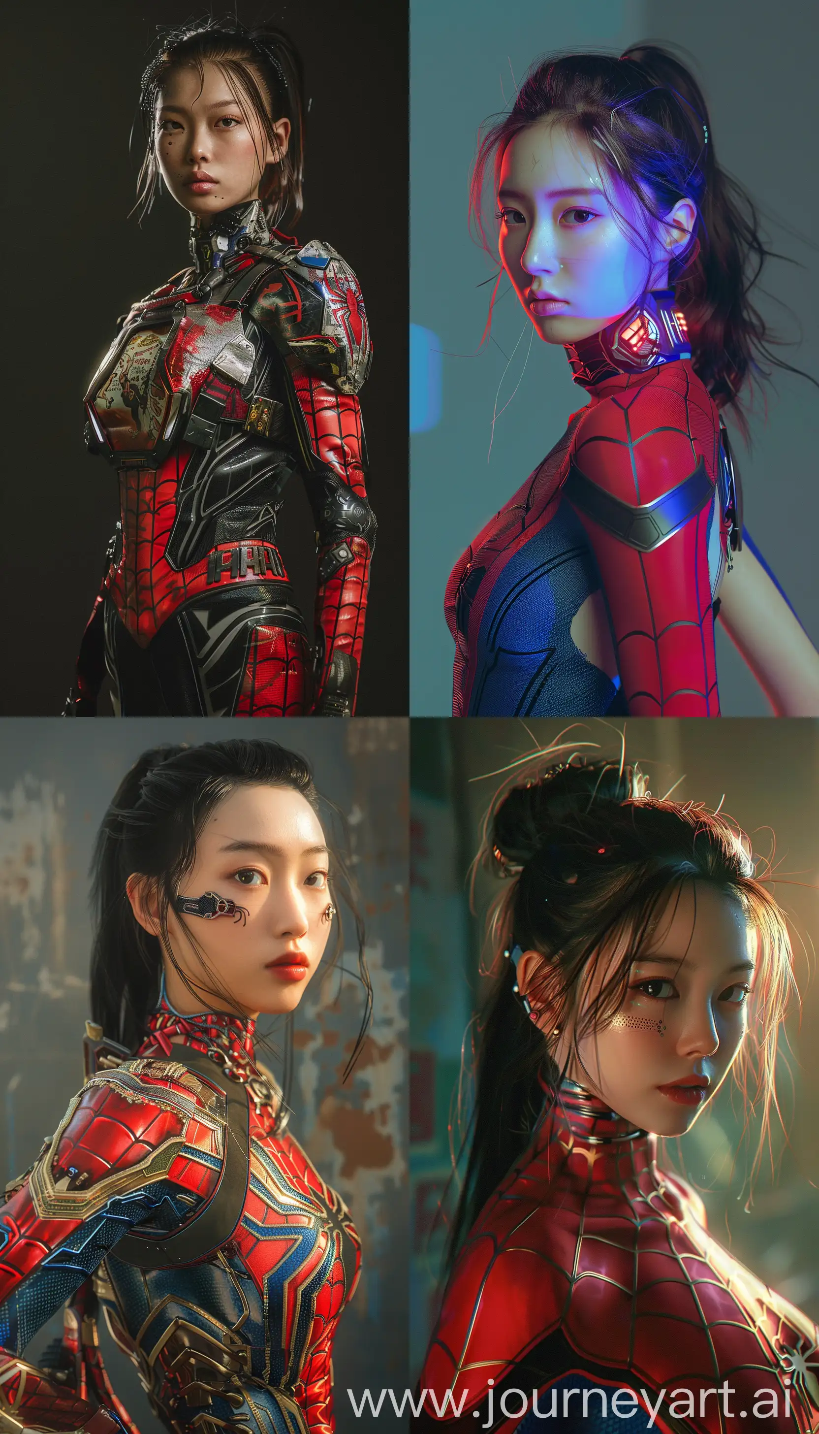 Cyberpunk 2077, Female Human Cyborg, beautiful Asian woman with super delicate face,plump figure , Wearing Spider-Man costume, Composition, Avant - garde fashion by Zhang Jingna, Cinematic Composition, Full Body Portrait —ar 4:7 —v 6