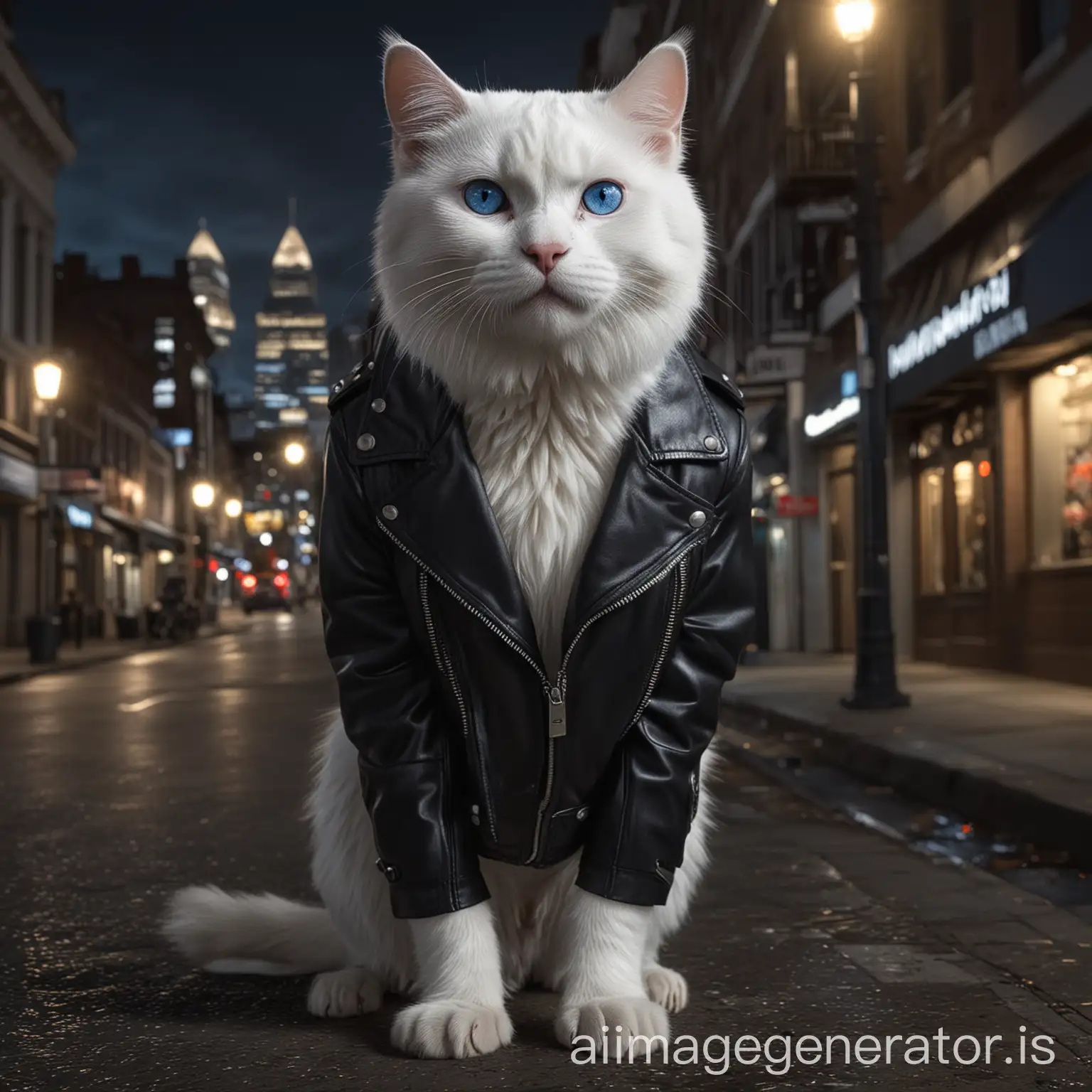 white cat, deep blue eyes, black leather jacket, gorilla, downtown, night shot, reflecting lights, ultra realistic, high resolution, real photography