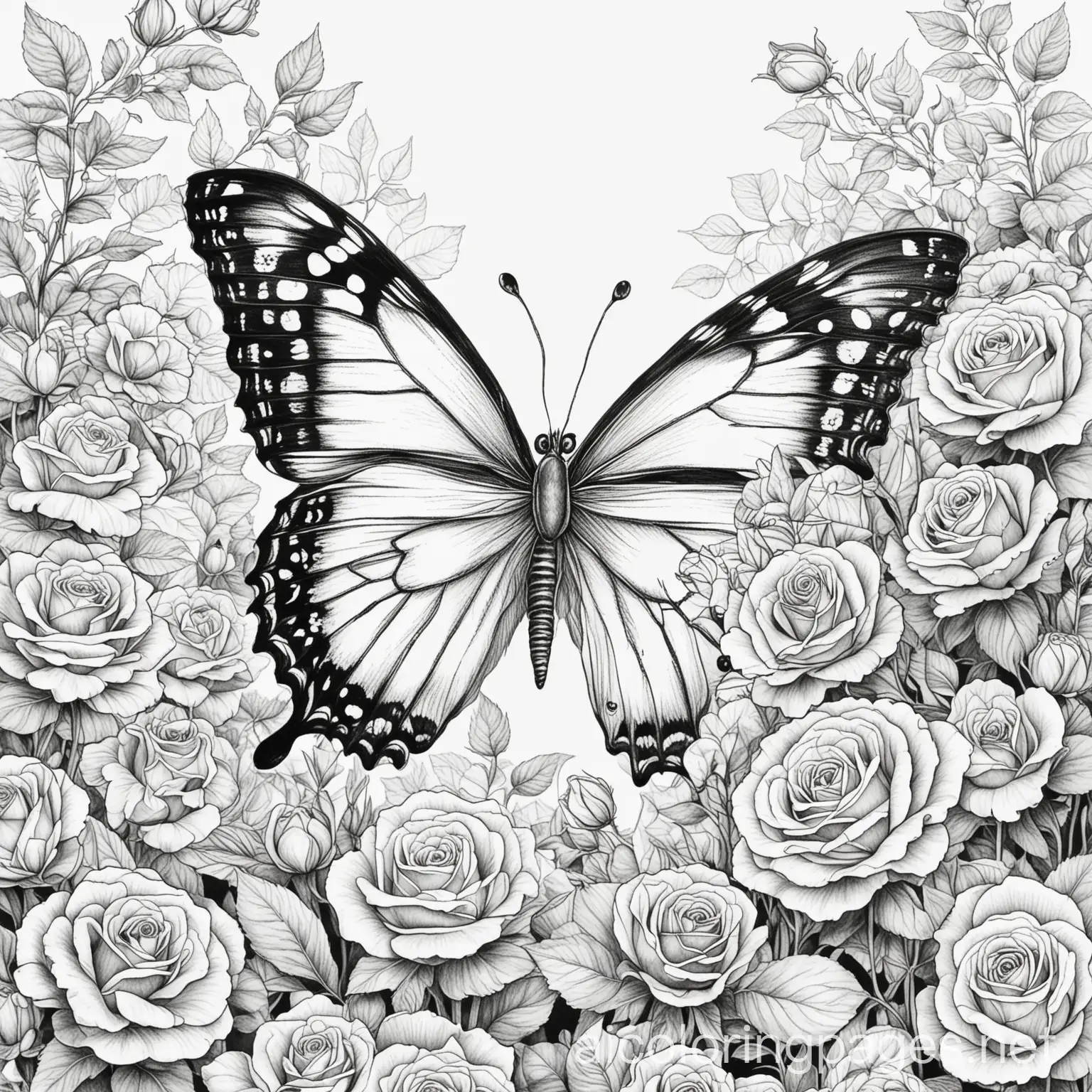 a butterfly in a garden of roses, Coloring Page, black and white, line art, white background, Simplicity, Ample White Space. The background of the coloring page is plain white to make it easy for young children to color within the lines. The outlines of all the subjects are easy to distinguish, making it simple for kids to color without too much difficulty