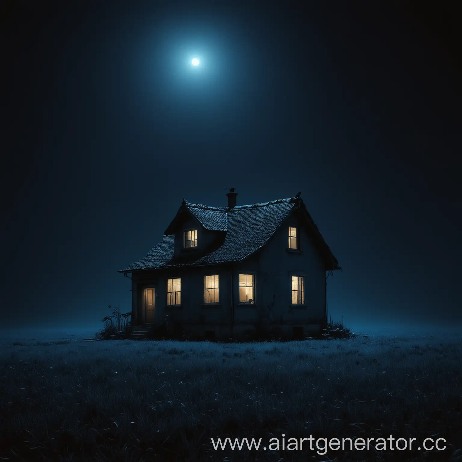 Lonely-House-at-Night-Atmosphere-of-Sadness-and-Longing-in-DarkBlue-Background