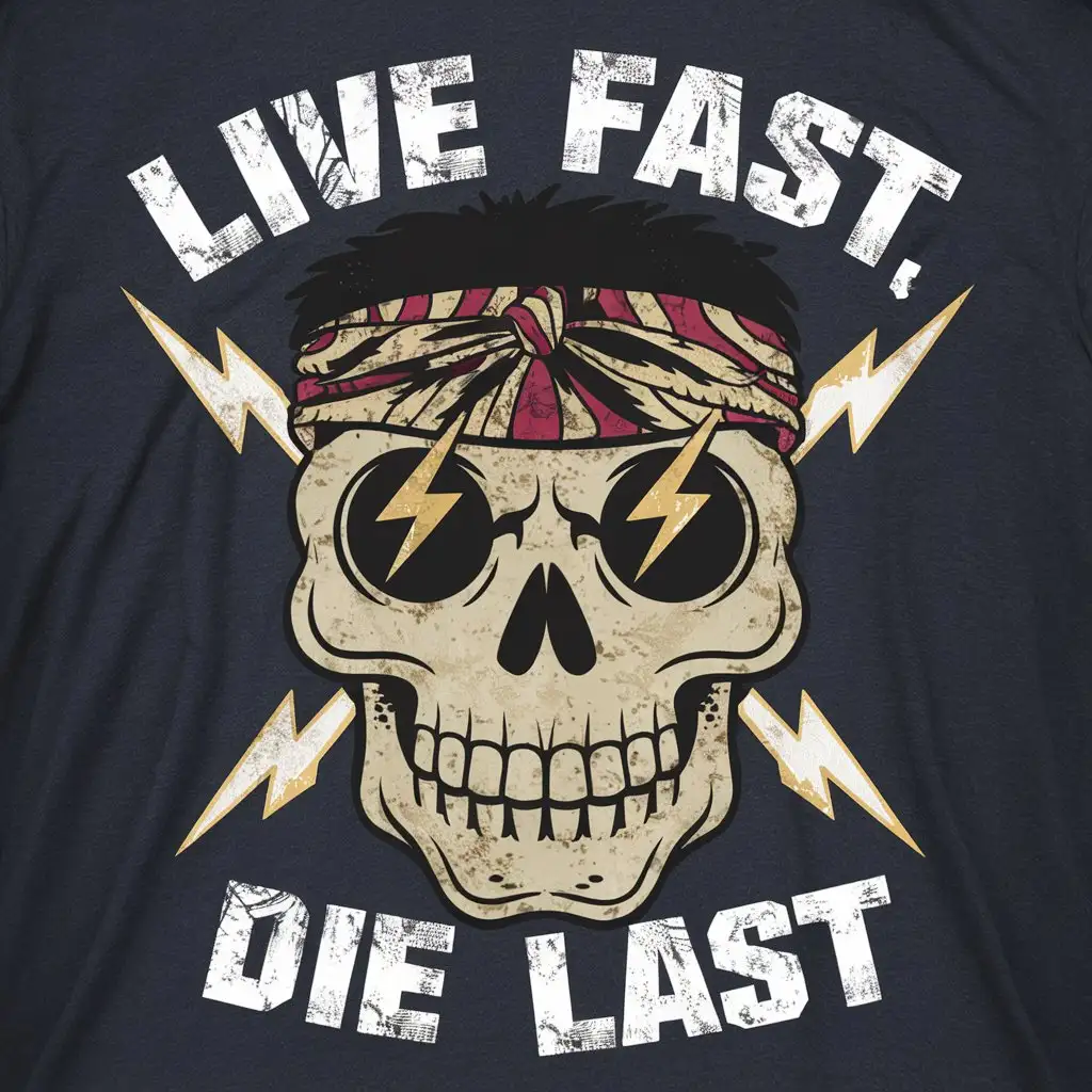 Skull vintage flat illustration t-shirt design with text saying 'Live Fast, Die Last' in the style of Retro Grunge