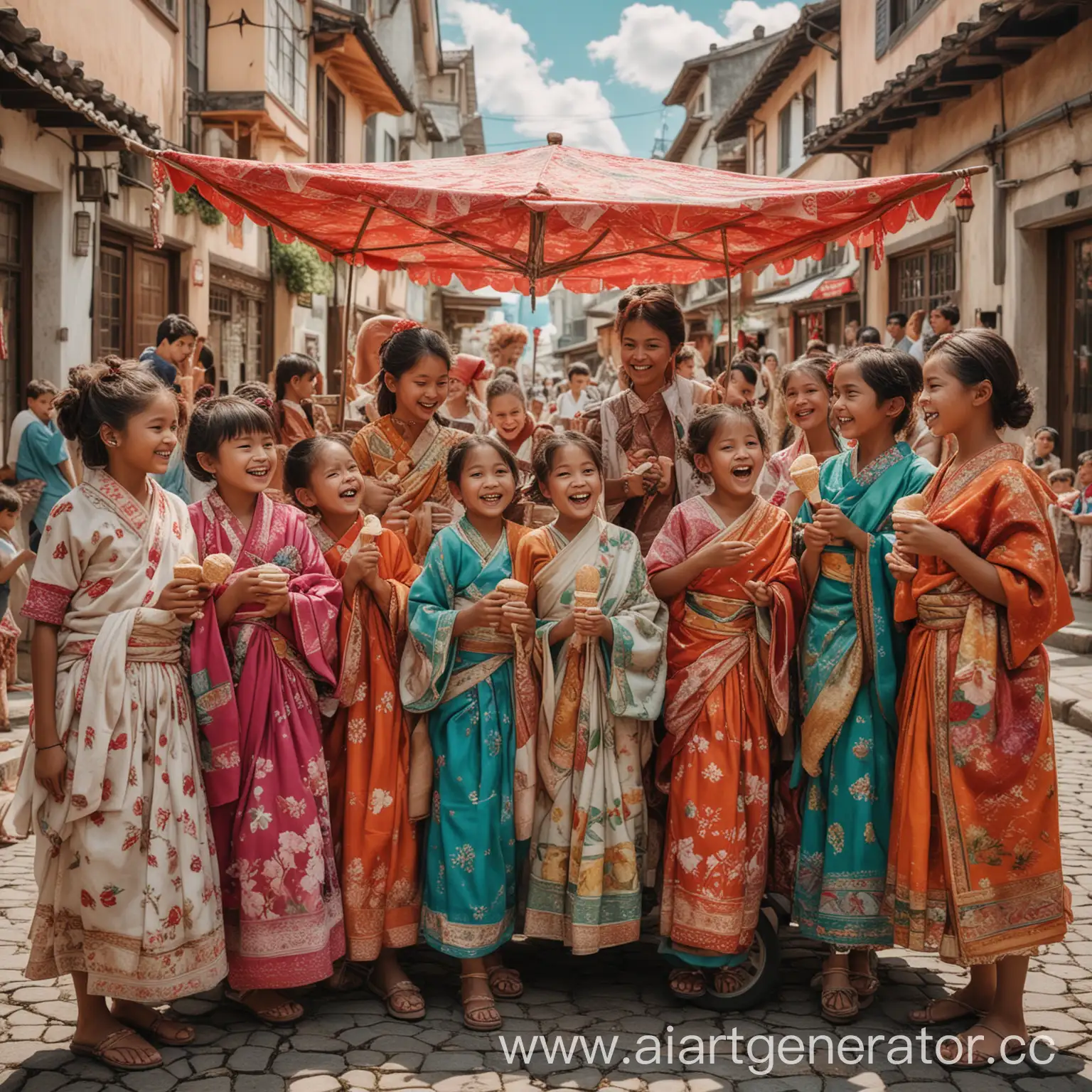 The image depicts a group of children from various nationalities gathered together, each wearing their traditional clothing, showcasing the colorful diversity of cultures. Among them, you might see a girl in a vibrant sari representing India, a boy in a kimono symbolizing Japan, another child in a dashiki from Africa, and many more, each adorned in their cultural attire.

Despite their differences in appearance, they are united in their shared joy and love for ice cream. They are gathered around an ice cream cart, eagerly selecting their favorite flavors and laughing together in friendship.

In the background, you can see elements that hint at their respective cultures, such as iconic landmarks, symbols, or landscapes, serving as a reminder of the rich tapestry of humanity.