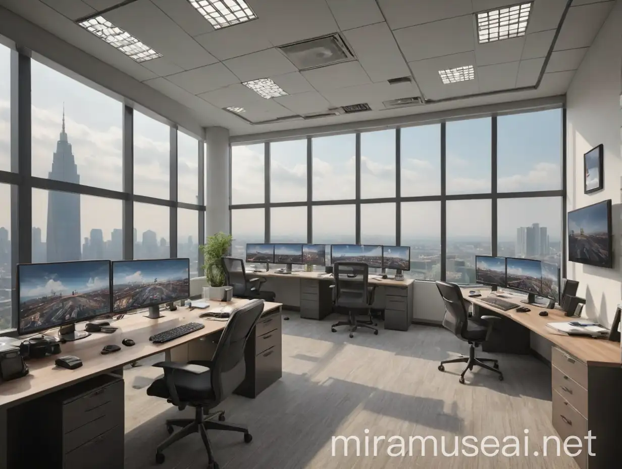 1500 sqft office interior design , 5 desk with gaming pc , Office tech ceiling , big glass windows , outside city view