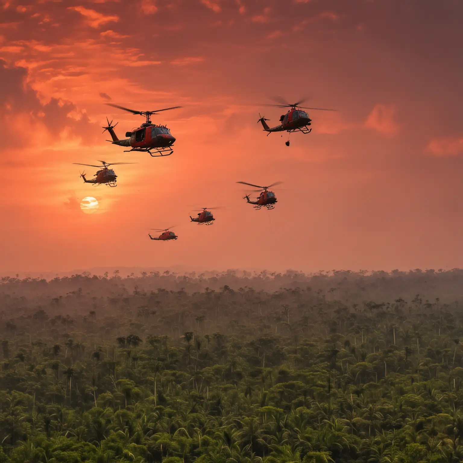 Vietnam Helicopters Flying Across Forest Under Red Sky