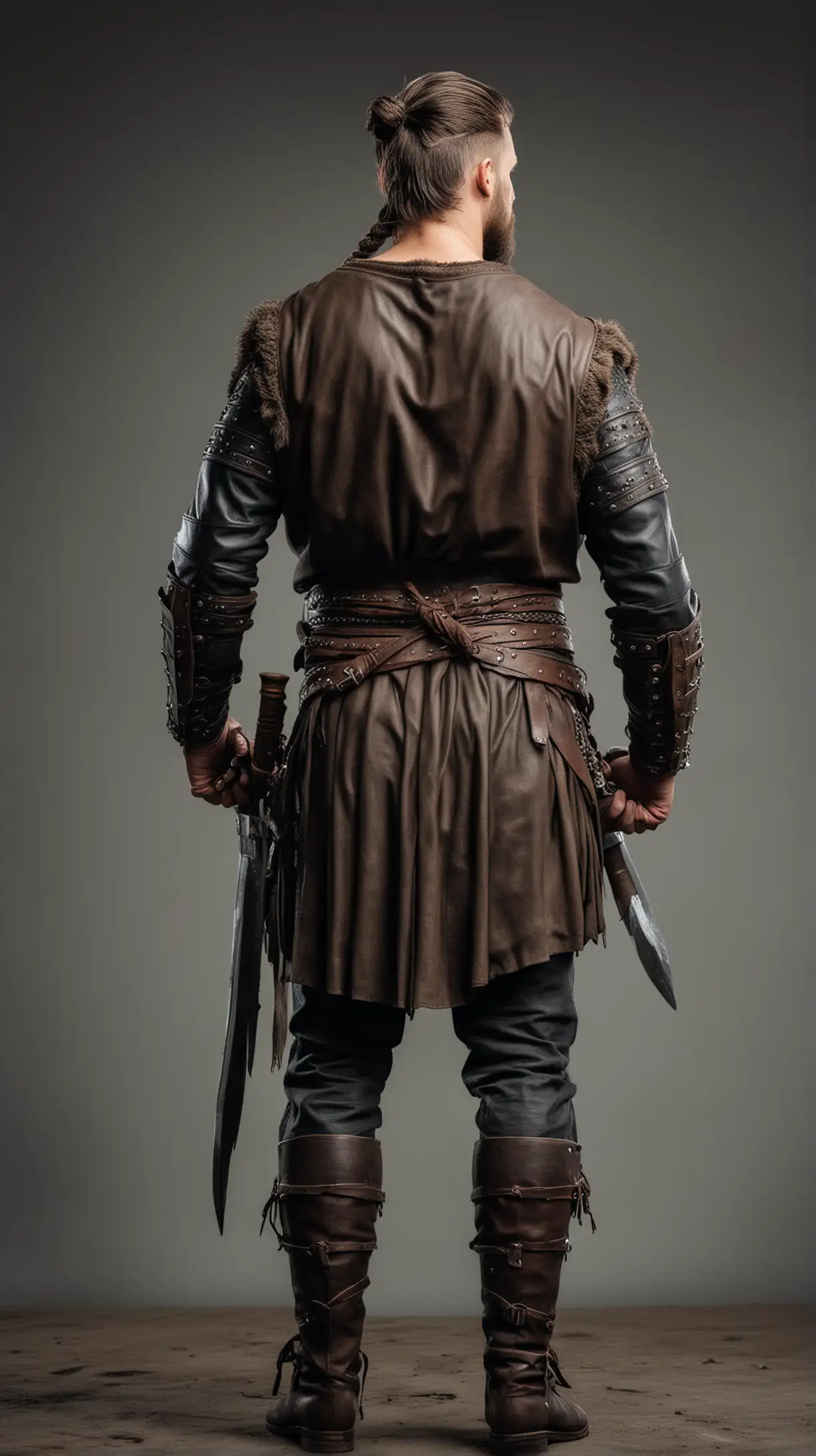 muscular viking warrior, back view, head facing fully forward, no side or face shown, full body, short dark hair tied in knot, viking clothes and weapons, leather sleeves