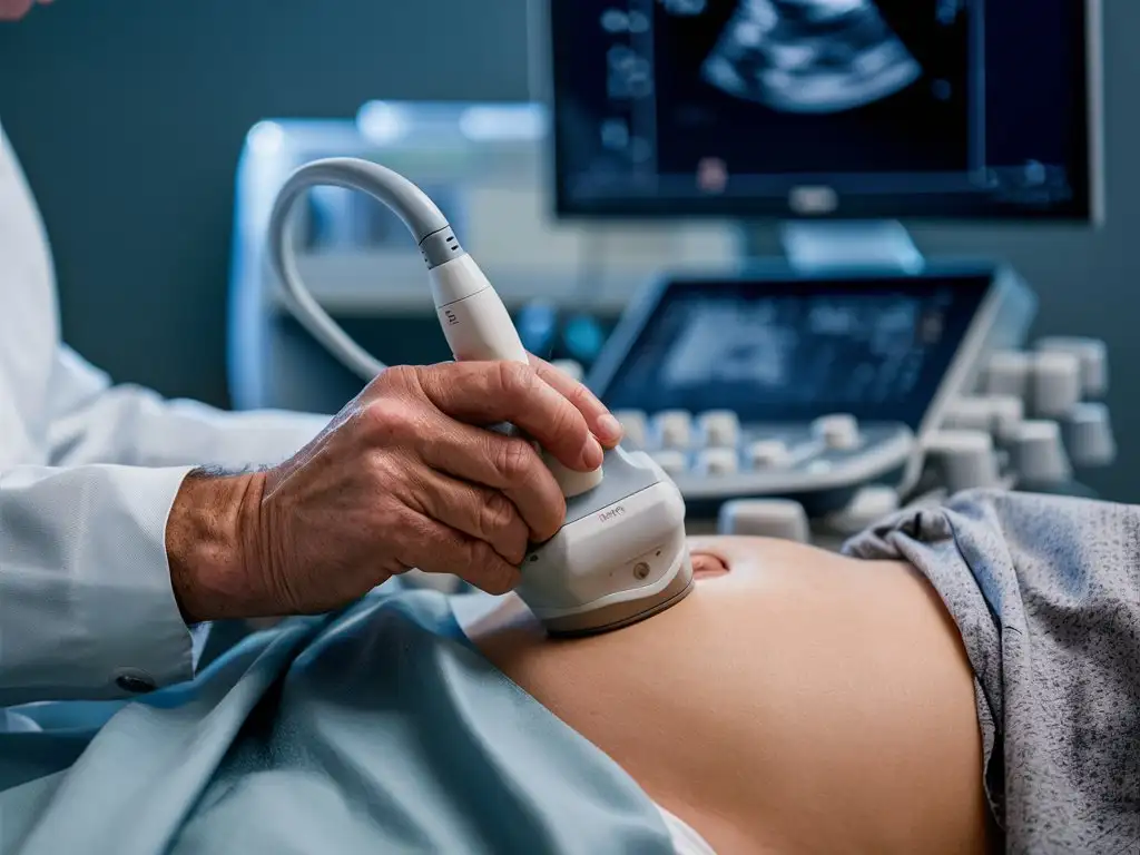 European doctor doing an ultrasound of the patient's abdomen, close-up, photo, no faces
