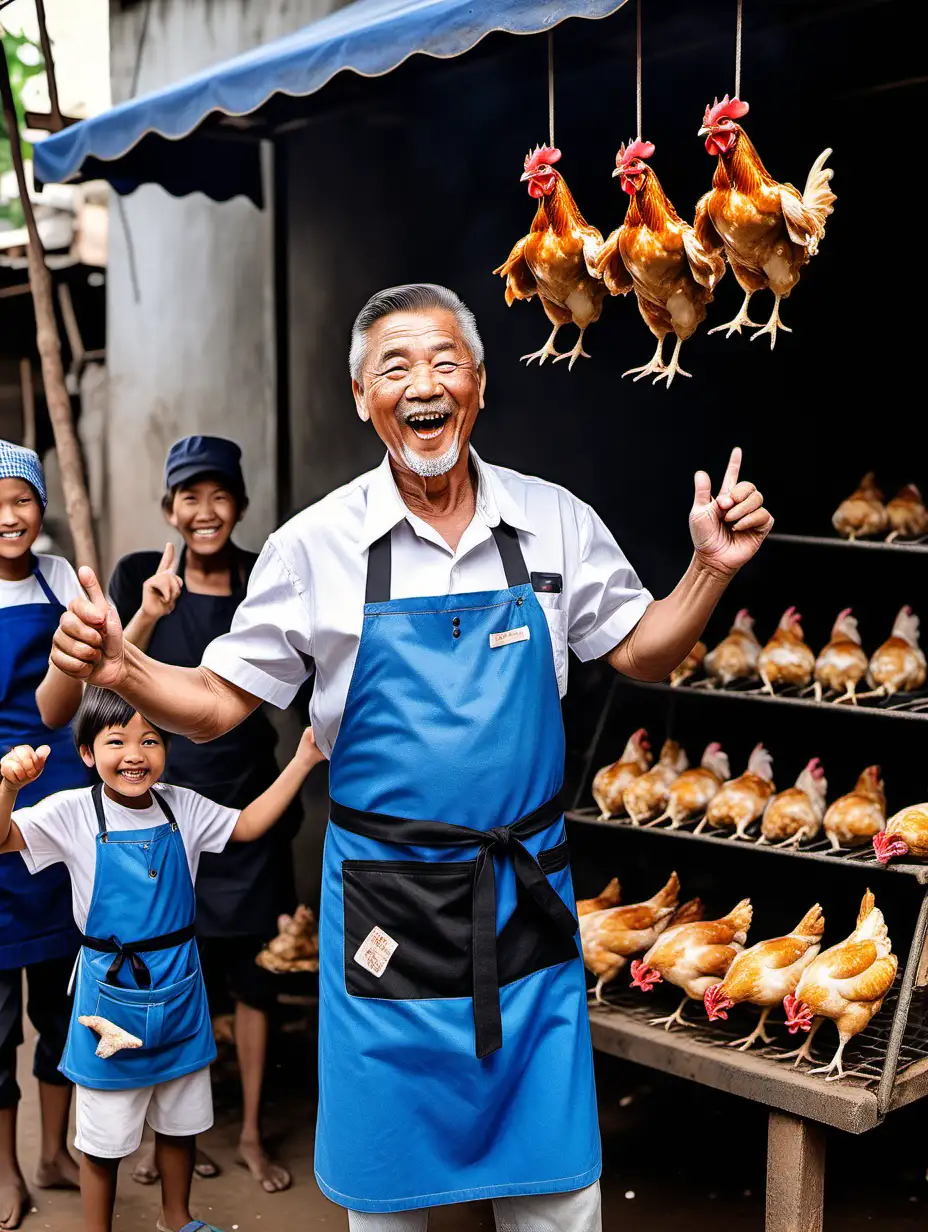 Father old chicken oven seller. Standing next to left group sell hanging chicken, while lifting high chicken hanging with right hand, wearing shirt white and short pants blue wearing apron black. With cheerful face showing his chicken