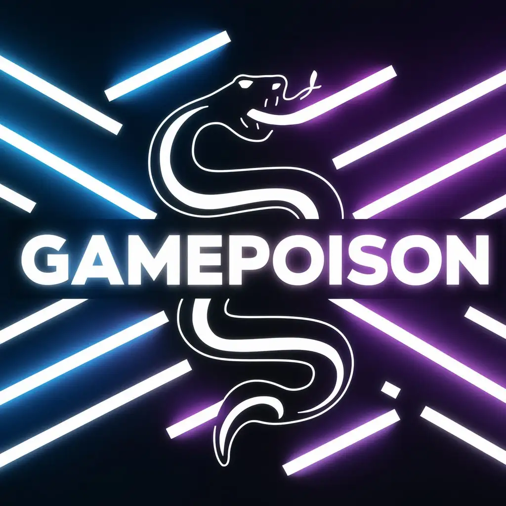 Баннер для игрового канала ютуб с названием "Gamepoison", с голубым и фиолетовым неоном, без рук, с черно-белой змеёй.