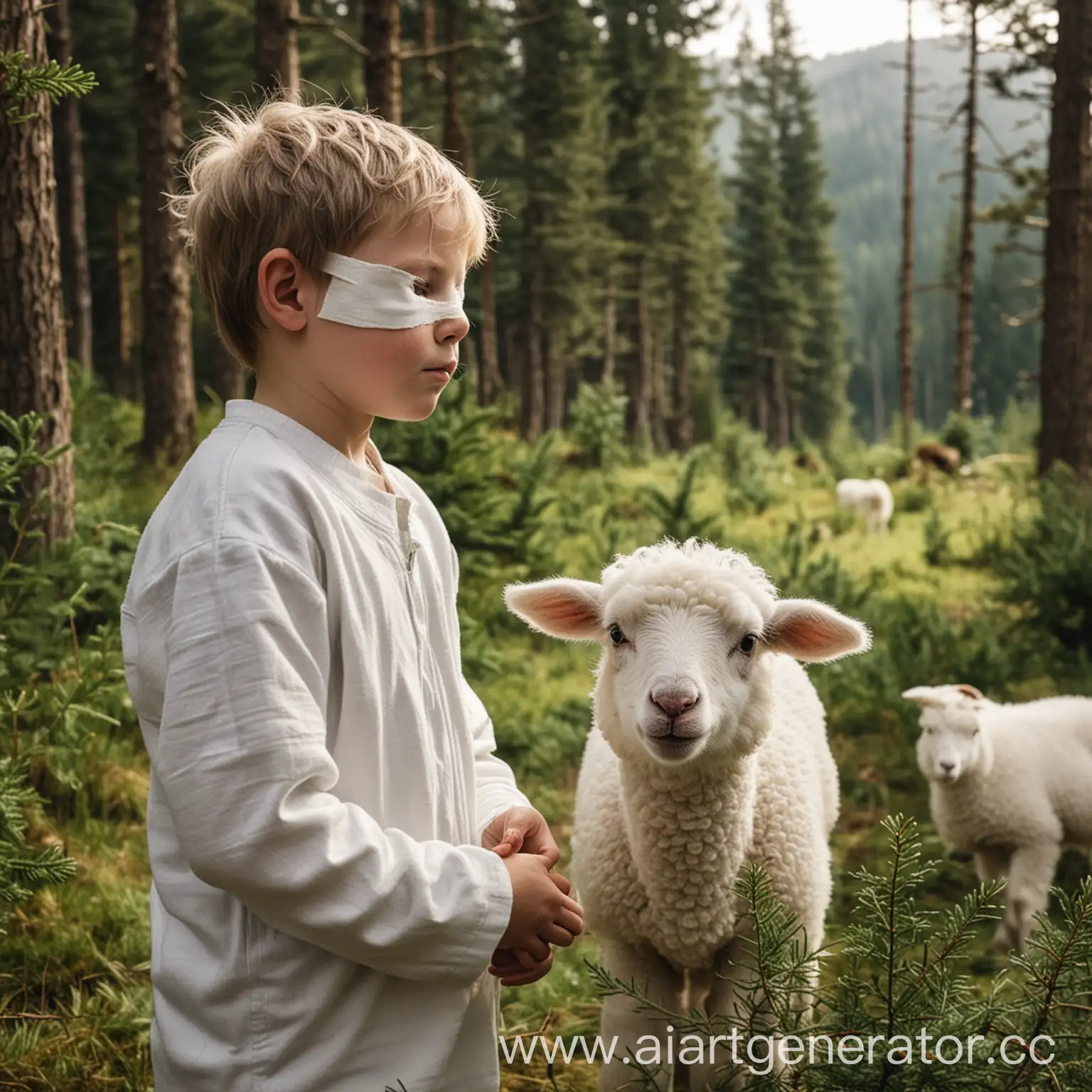 Blindfolded-Boy-Standing-with-Lamb-in-Enchanted-Forest
