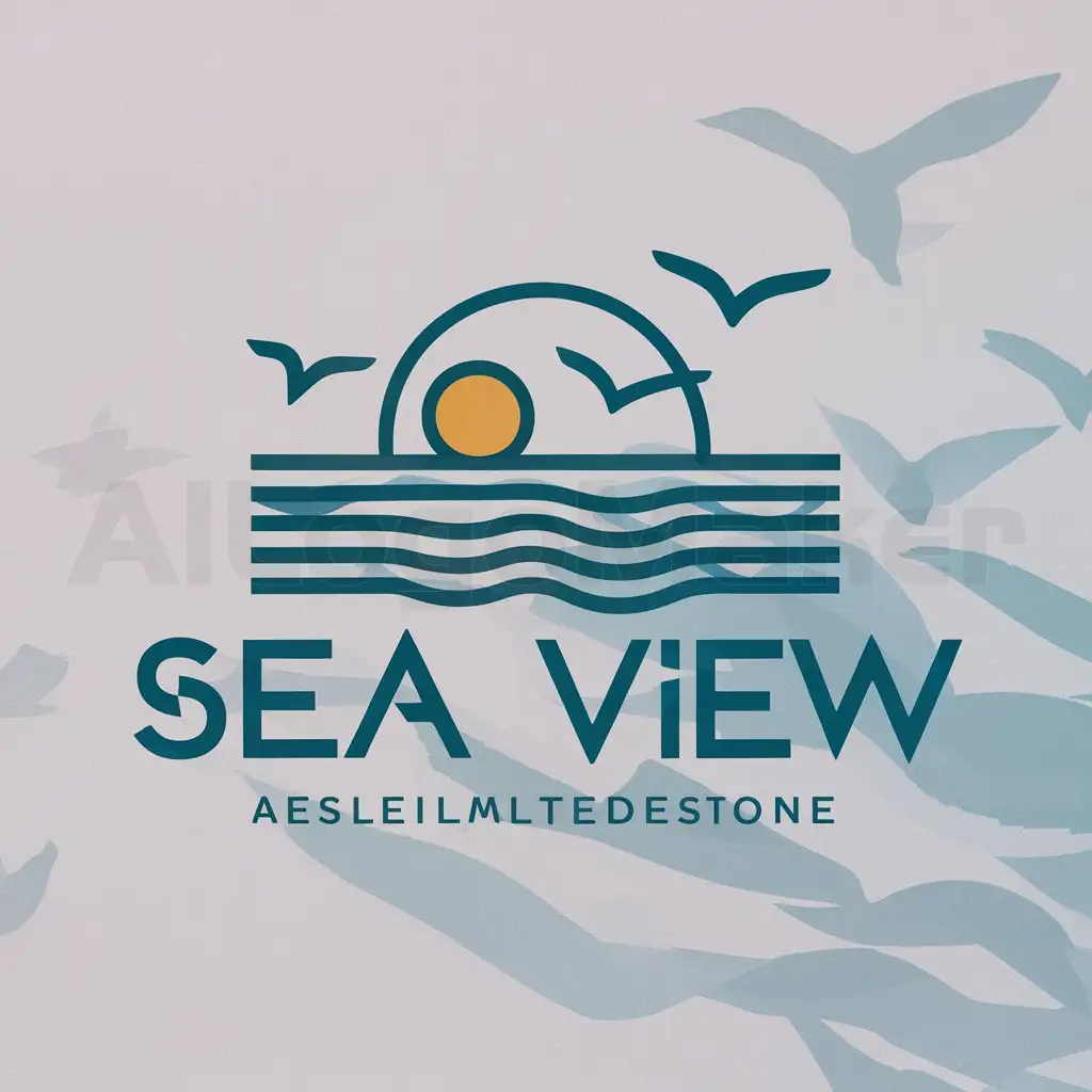 a logo design,with the text "Sea View", main symbol:coastal view in geometric shape, with sunset and waterbird(s),Moderate,clear background