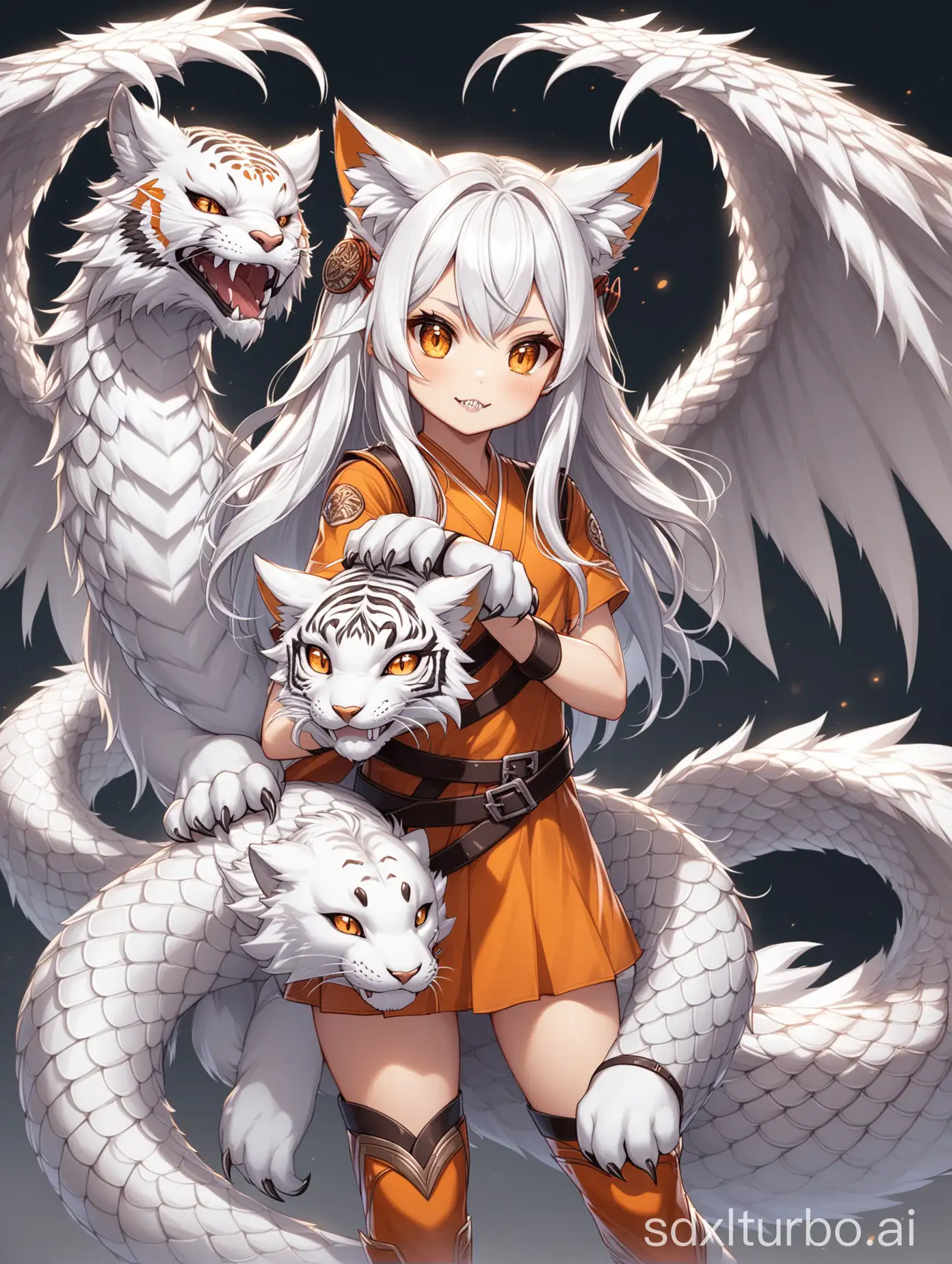 A 9-tailed fox with white tiger ears, dragon scales (a few on the arms), dragon claws, sculpted eagle wings, snake teeth, and a cute girl of 9 years old