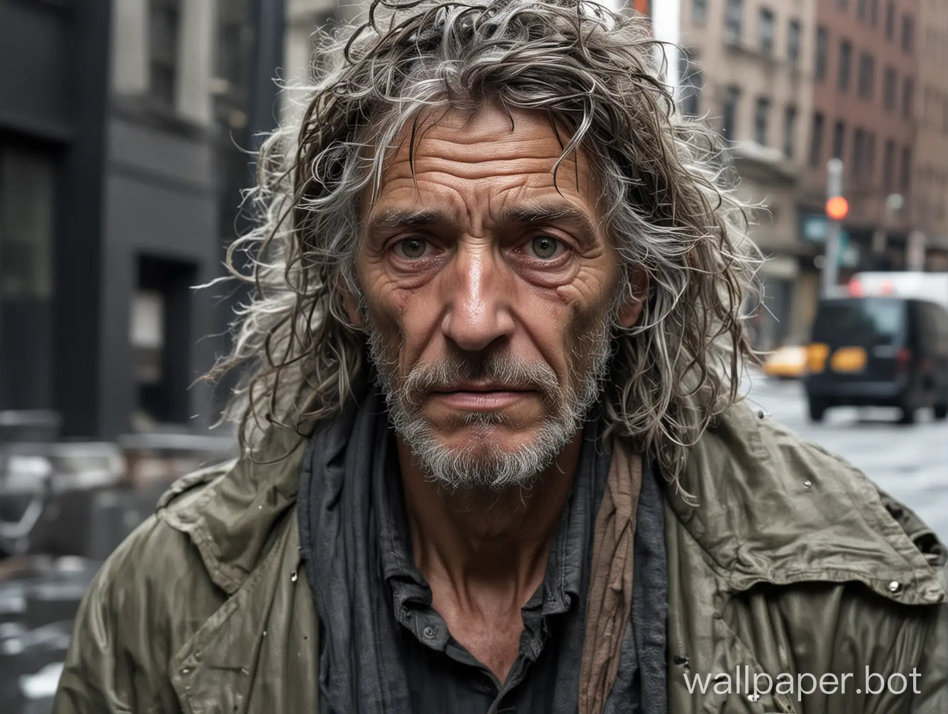 A bedraggled homeless person in the streets of New York