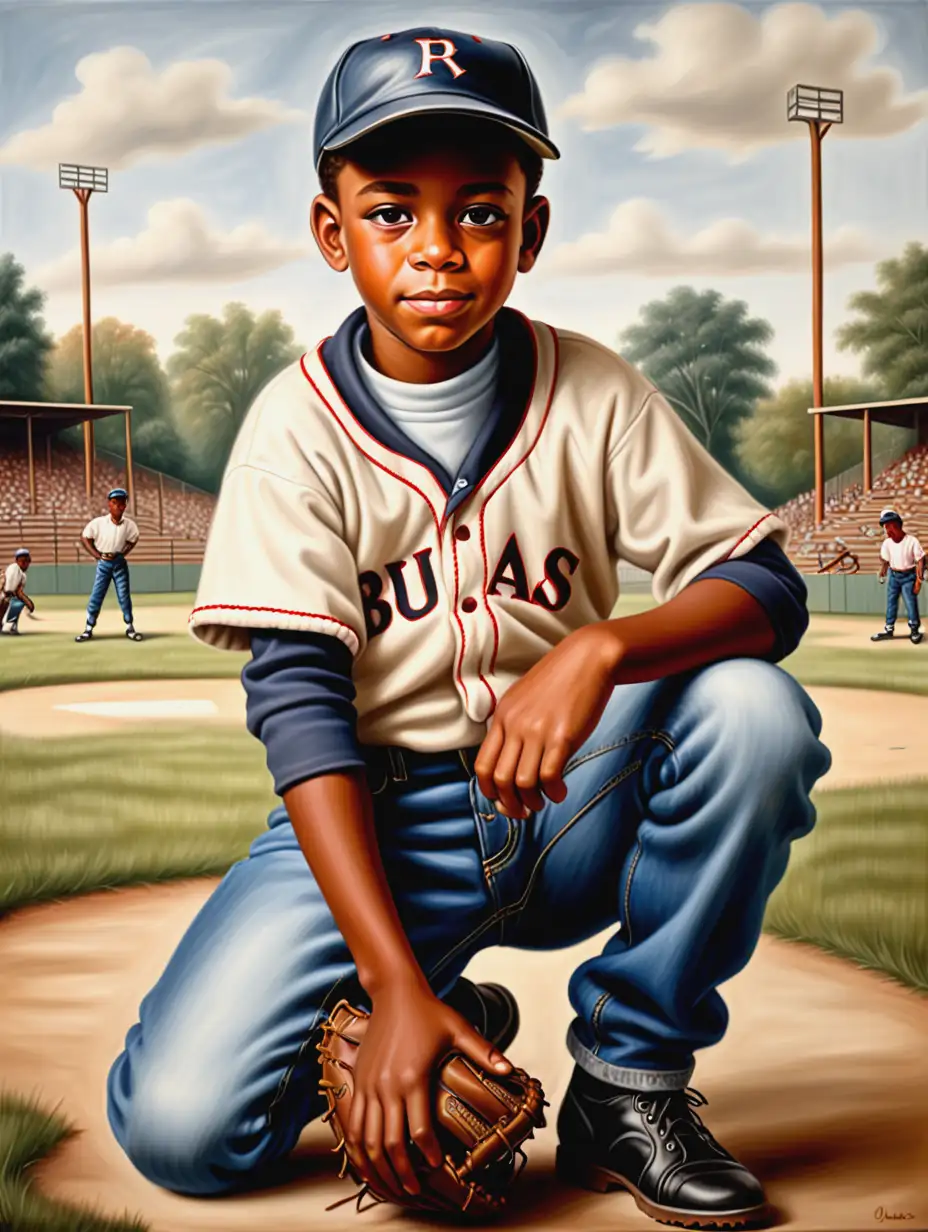 1960s African American Baseball Catcher Kids in Denim Jeans Oil Painting