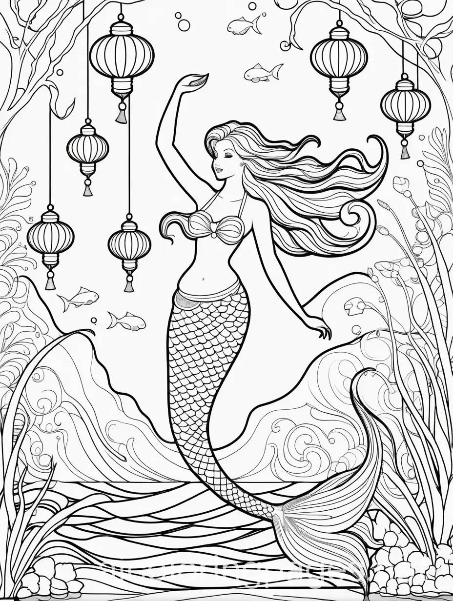  "Create a whimsical coloring page featuring a mermaid releasing floating lanterns into the water. The scene should include a mermaid with a flowing tail and long hair, gently placing various shapes and sizes of lanterns on the water's surface. The lanterns should create a magical, glowing effect. Use bold black outlines on a white background to ensure the design is simple and easy for kids to color in.", Coloring Page, black and white, line art, white background, Simplicity, Ample White Space. The background of the coloring page is plain white to make it easy for young children to color within the lines. The outlines of all the subjects are easy to distinguish, making it simple for kids to color without too much difficulty