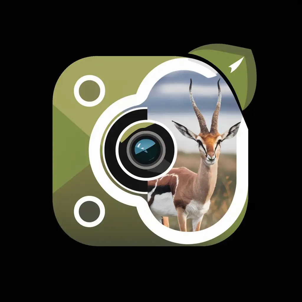 an app named TourGram based on tourism and travel industry create a logo for the app that the main color is green and olive also should involve a camera photographing a gazelle