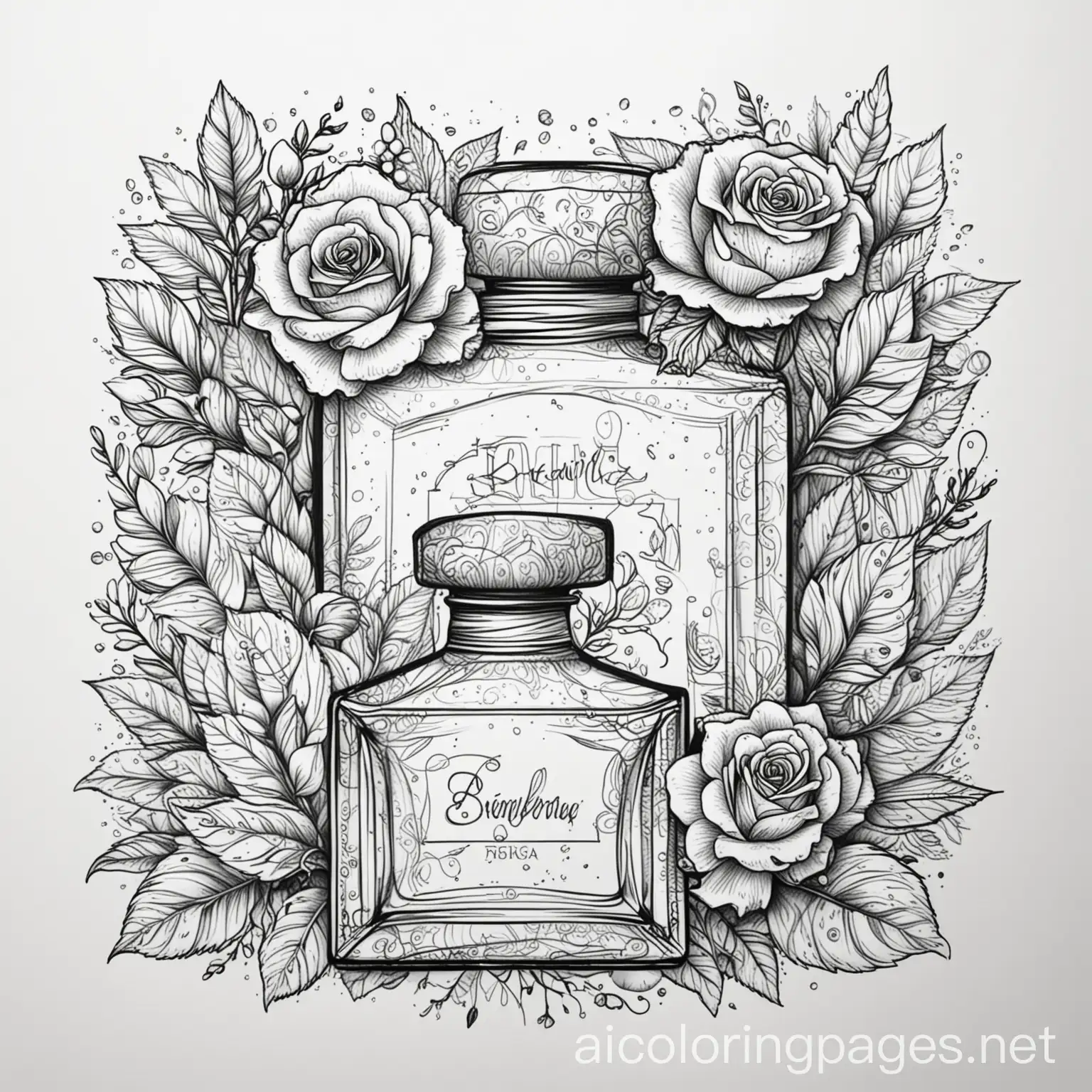 Doodle de una decoración de arbusto con rosas y frascos de perfume elegantes, Coloring Page, black and white, line art, white background, Simplicity, Ample White Space.