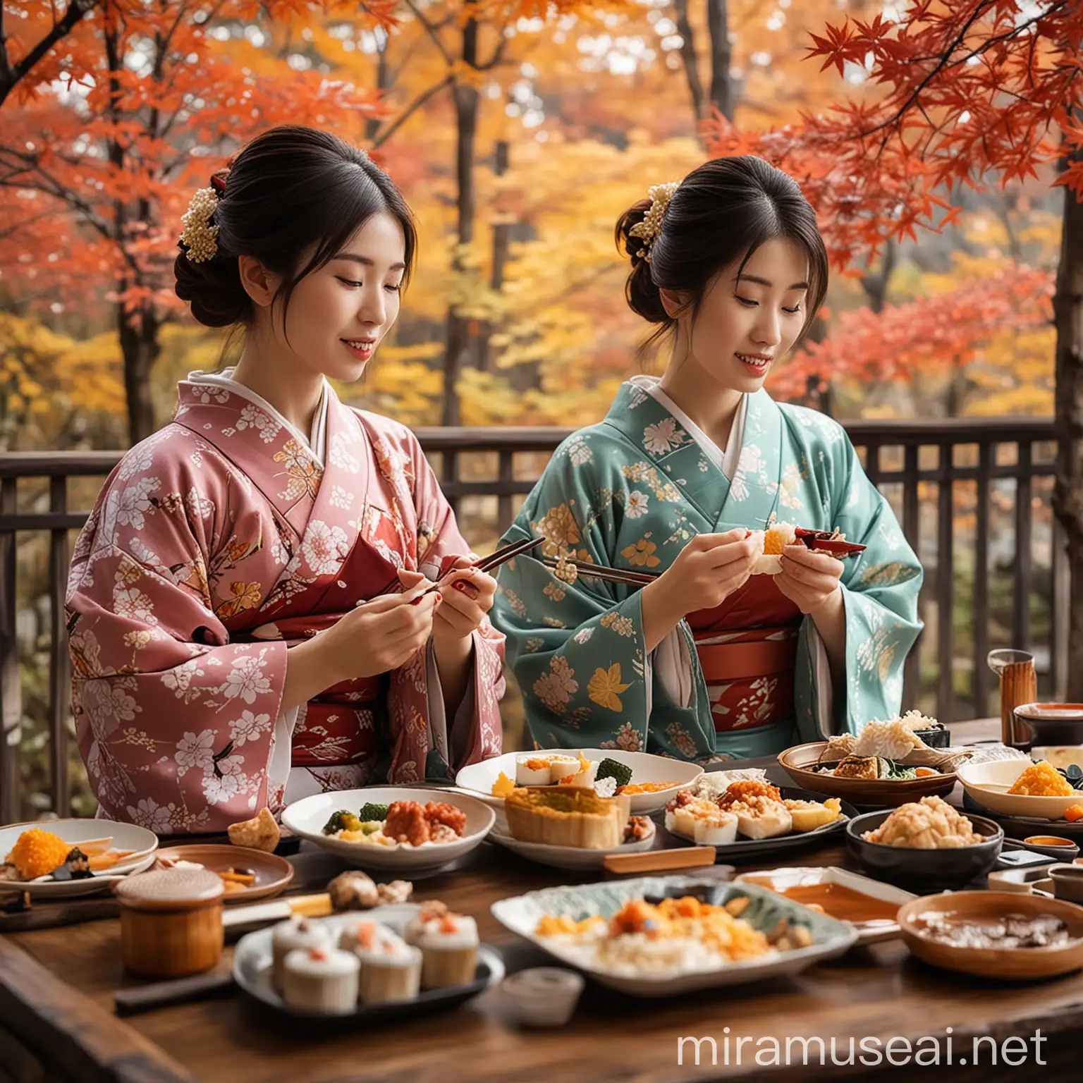 Japanese Women in Kimono Enjoying Autumn Cuisine