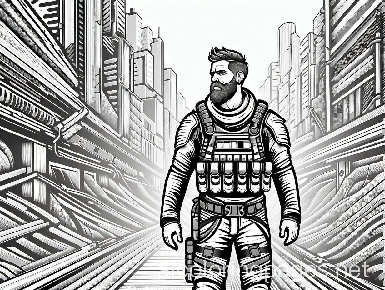 man wearing dystopian post apocalyptic clothing, Coloring Page, black and white, line art, white background, Simplicity, Ample White Space. The background of the coloring page is plain white to make it easy for young children to color within the lines. The outlines of all the subjects are easy to distinguish, making it simple for kids to color without too much difficulty