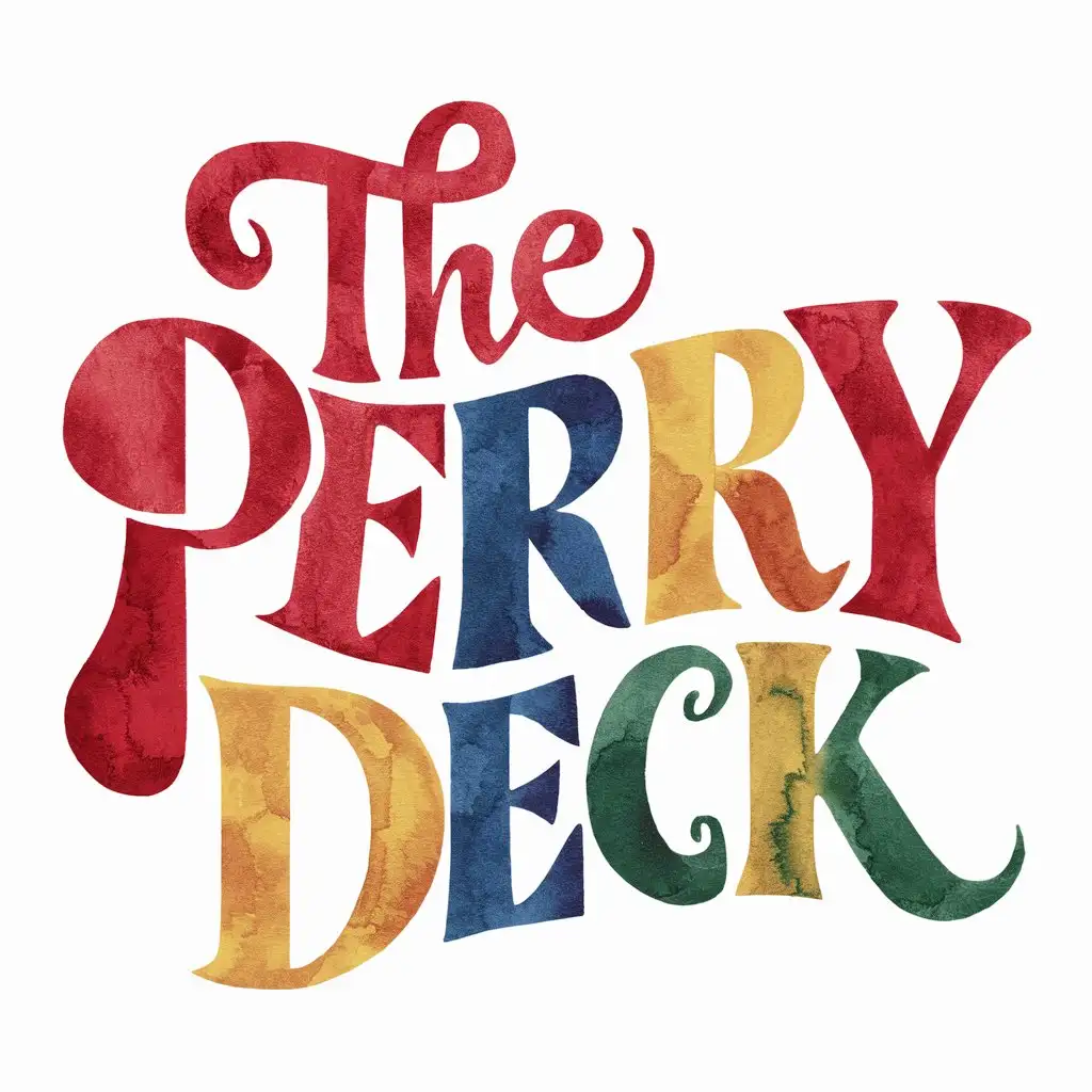 A red, blue, yellow and green classy, artistic, colorful, expressive, bubbly, fun, retro, watercolor logo of the words "The Perry Deck"