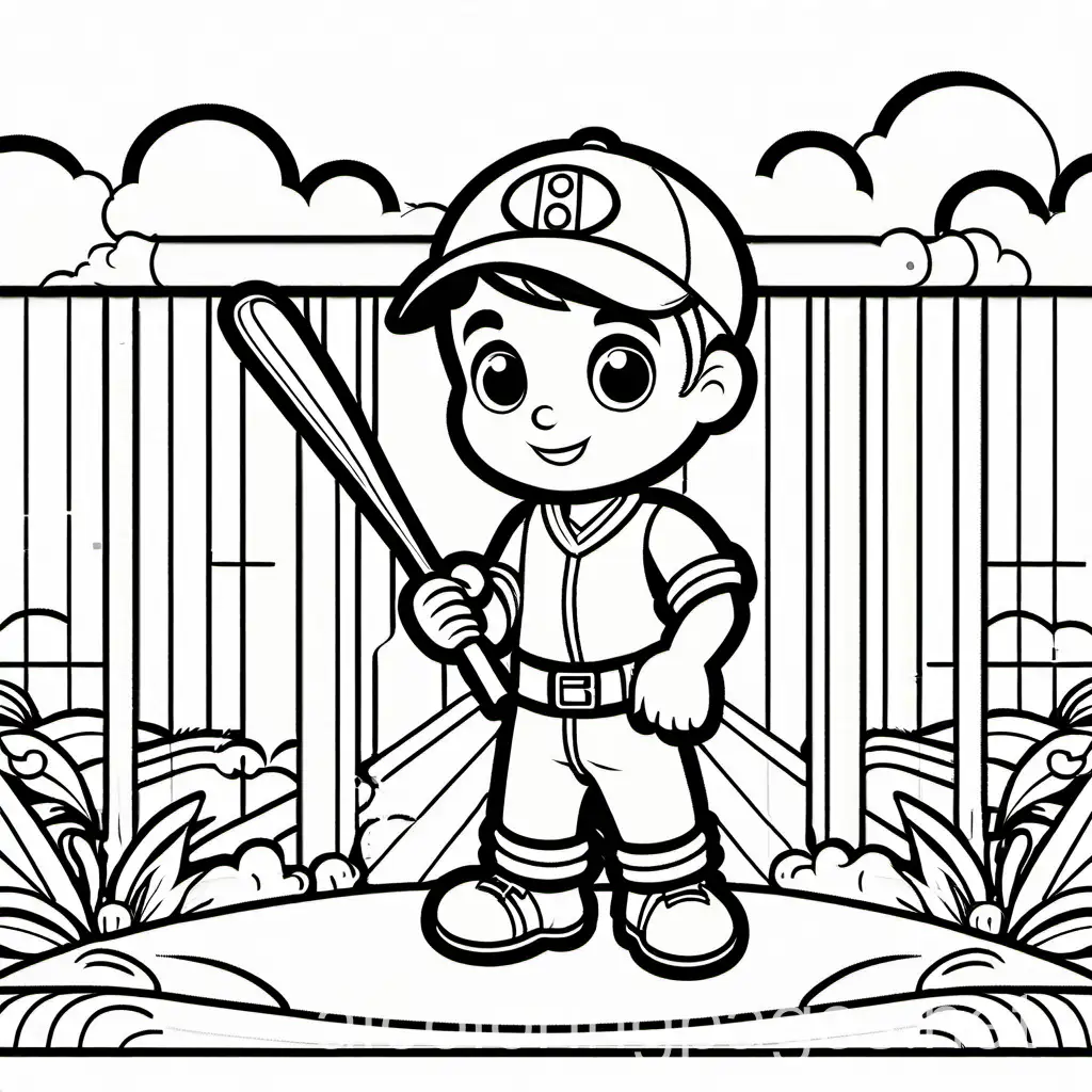 a boy with a bat, Coloring Page, black and white, line art, white background, Simplicity, Ample White Space. The background of the coloring page is plain white to make it easy for young children to color within the lines. The outlines of all the subjects are easy to distinguish, making it simple for kids to color without too much difficulty