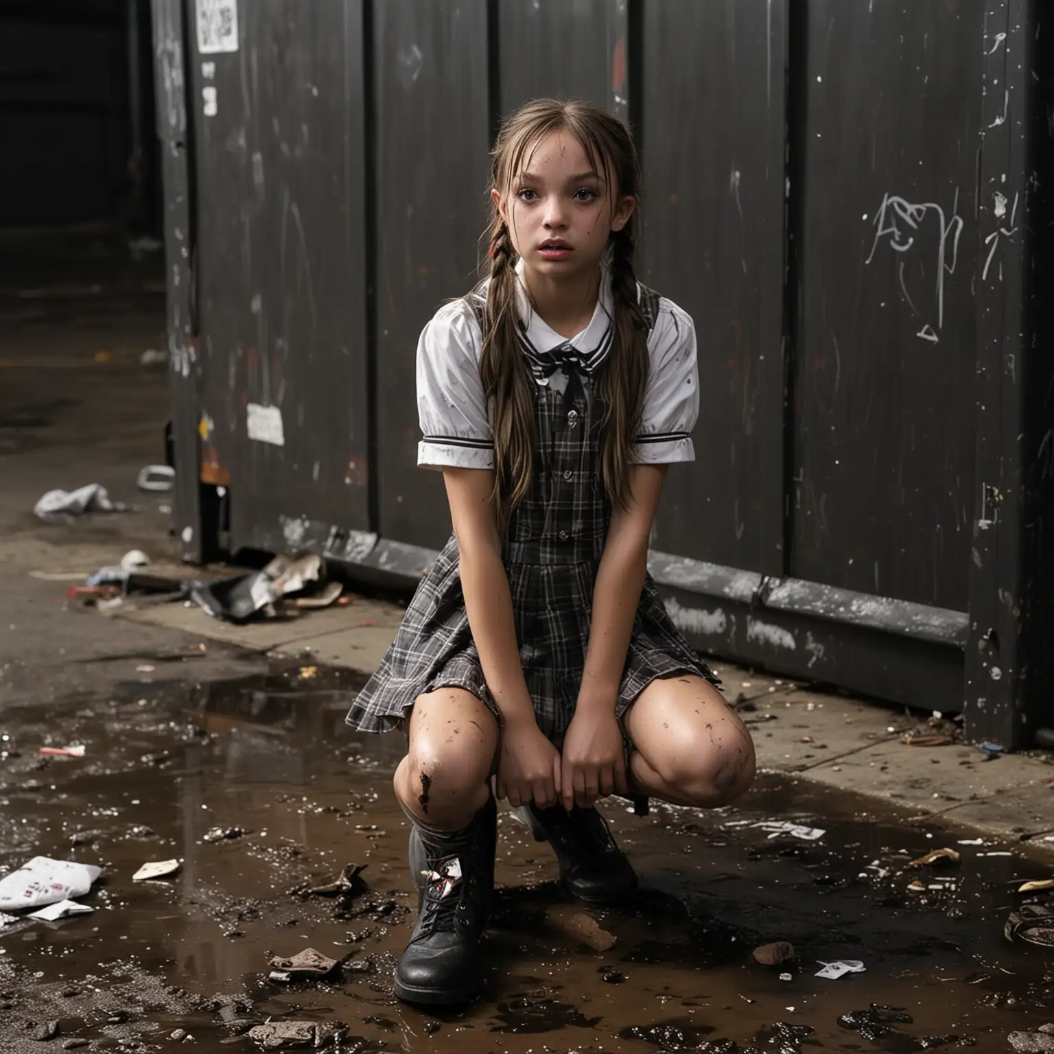 photorealistic, young maddie ziegler, dressed as a schoolgirl, pigtails, on her knees in front a dumpster, dark, night, muddy, trash, dirty, wet, stained, grim, graffitti
