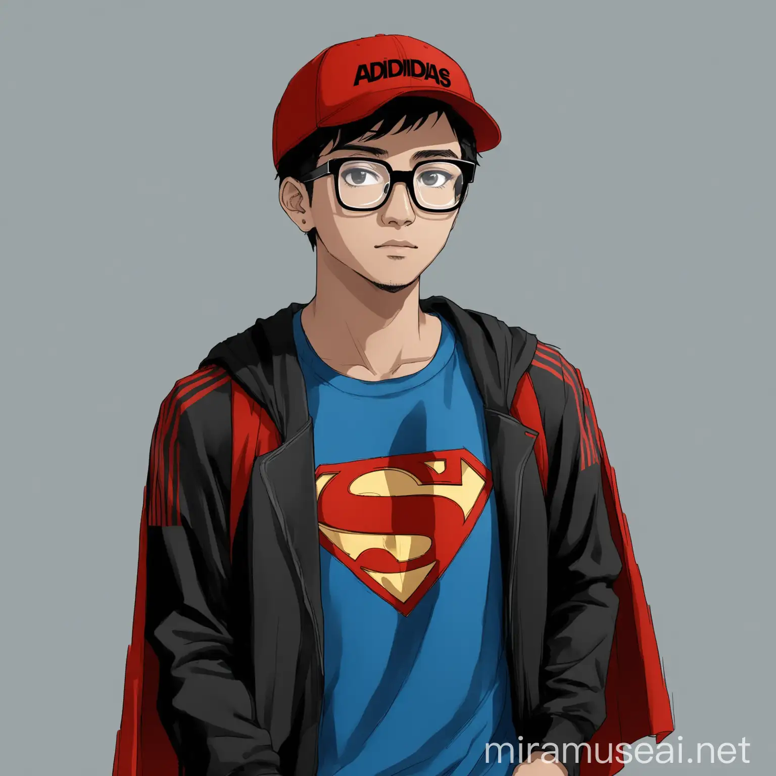 25 years old Indonesian man wearing grey and red baseball cap superman logo - black frame glasses and blue plain t-shirt with adidas black jacket