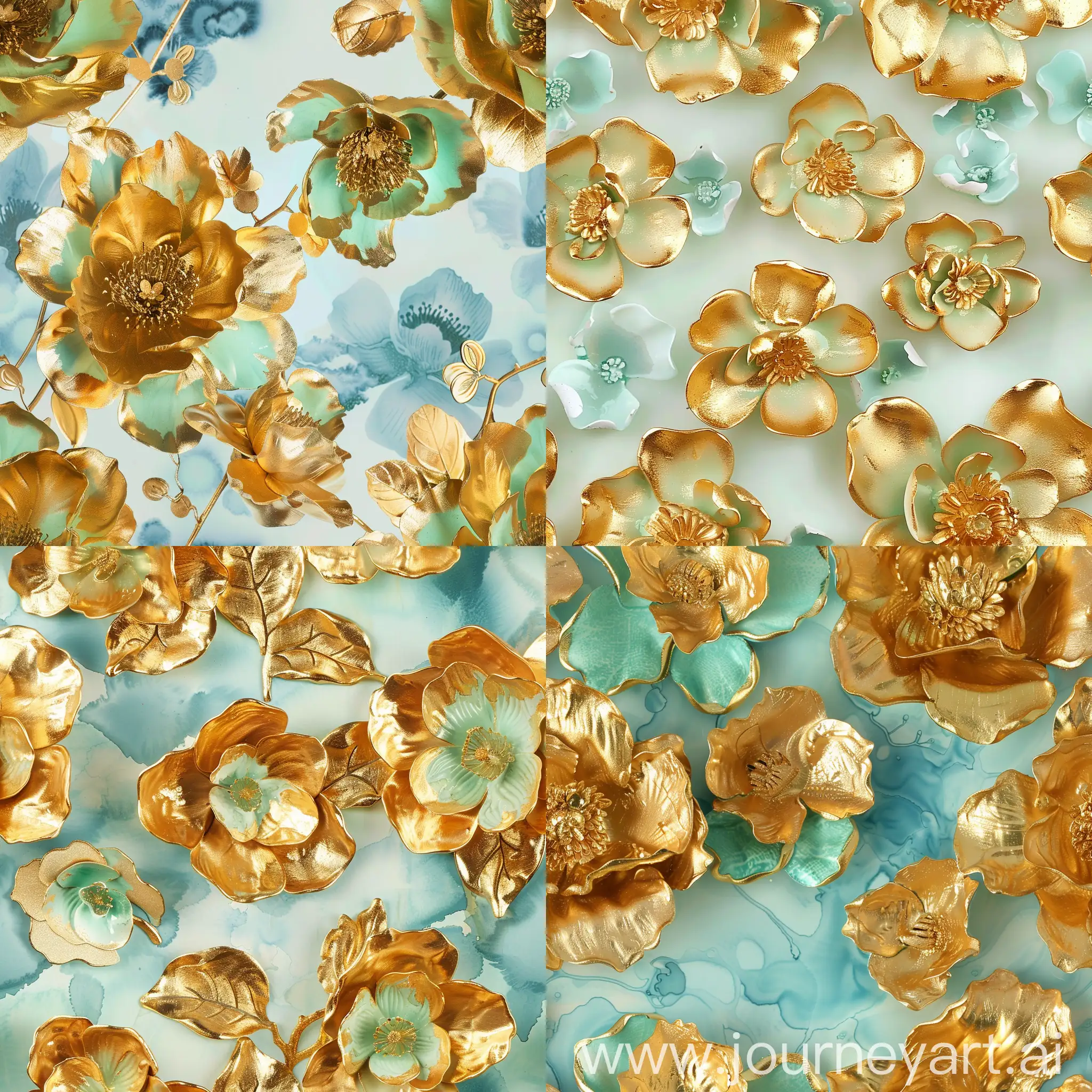A work of art of Renaissance style gilded flowers and very beautiful mint green petals and Chinese azure blue ink —tile