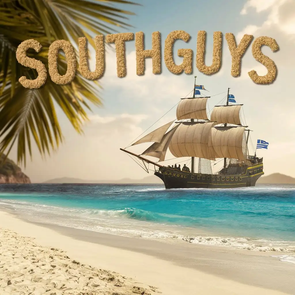 "Southguys"‌ With a sand font and placed above, the background should be the beach and the sea, the Greek ship Kish is behind this font