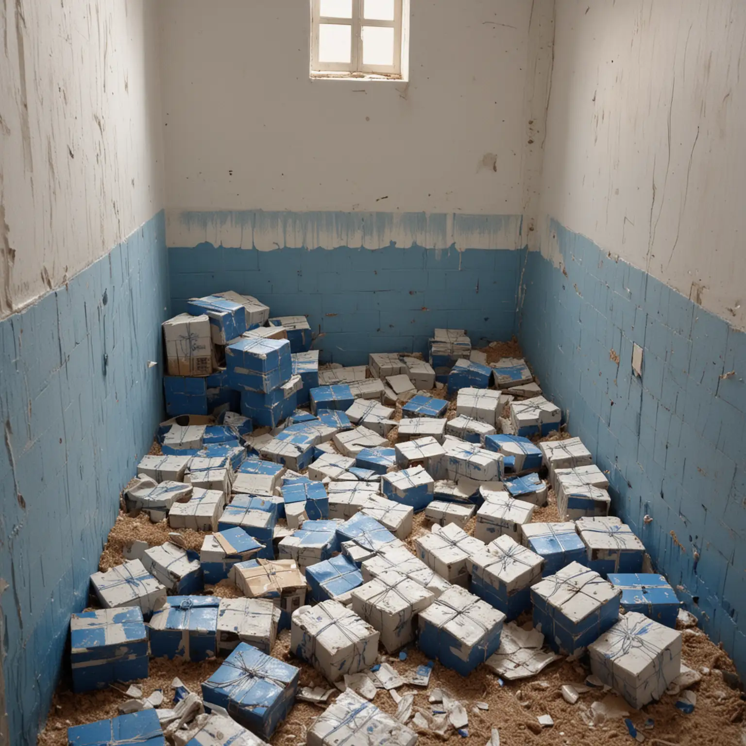 unhabitacion vacia llena de cajas vacias de carton y sabas en el piso muchas de rayas blancas y azules
