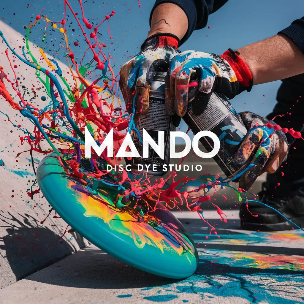 a logo design,with the text "Mando Disc Dye Studio", main symbol:Bright splashy colors, graffiti style text, thhe graffiti artist's hands squeeze bottles paint onto a Frisbee laying at an angle on a surface. The artist paints the frisbee in a frenzy of paint flying and splashing everywhere,complex,clear background