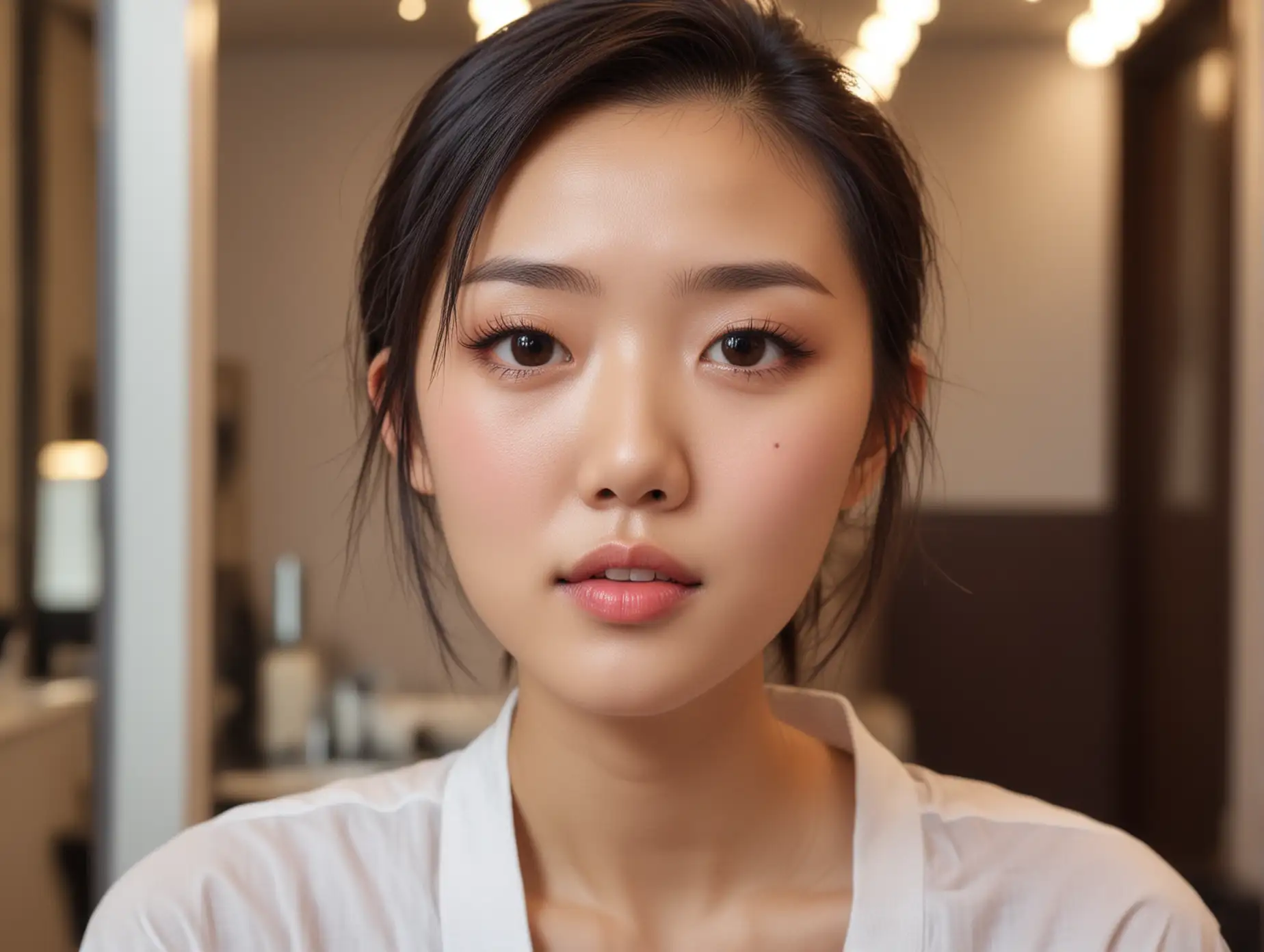 face of an adorable sweet skinny young chinese hair stylist in an upscale salon blushing and breathless, her mouth agape, staring at the camera with a desperate pleading look in her soulful eyes