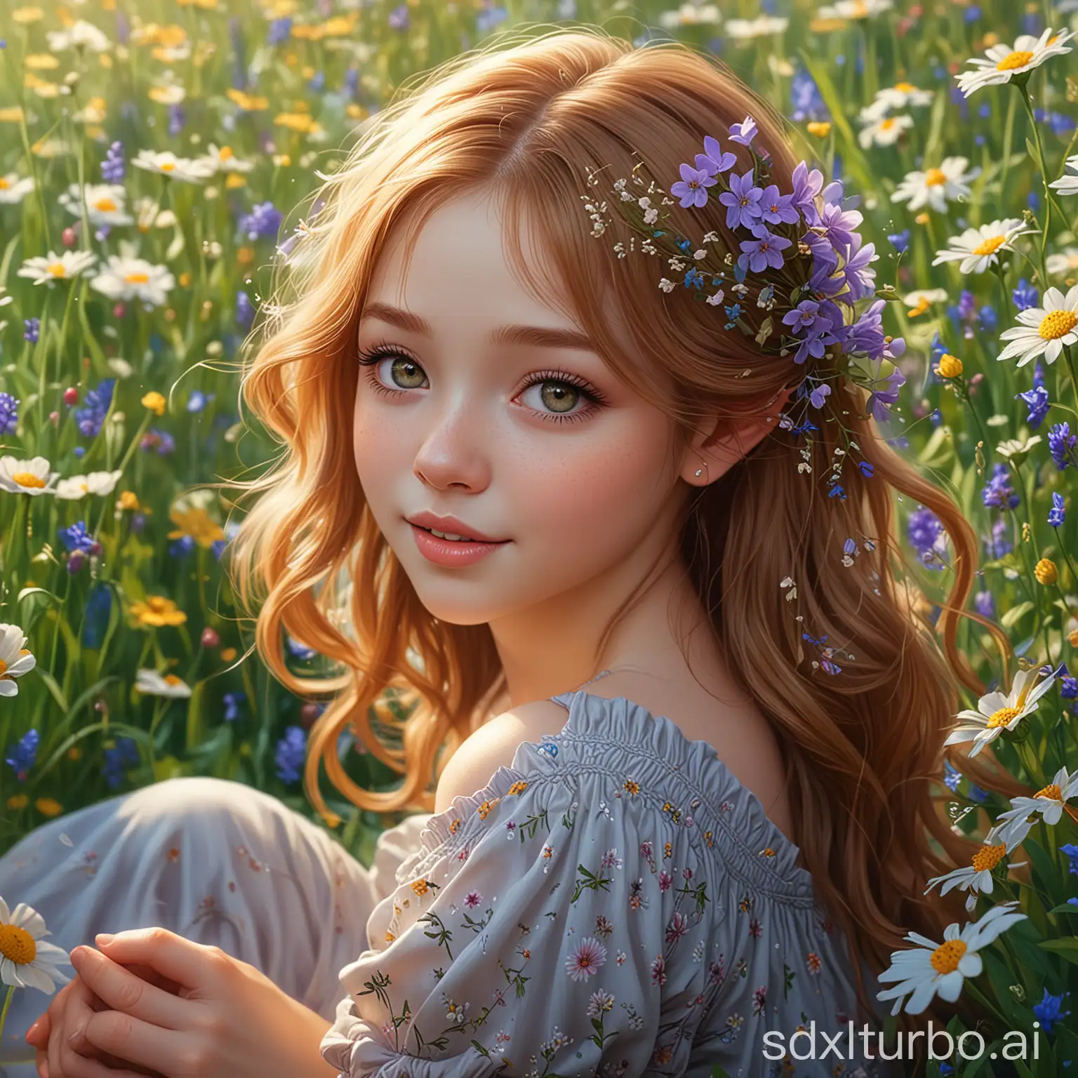 art by kajenna art by miki asai and jasmine becket griffith 

a beutifull young  skin happy girl with goldbrown hair sitting in the flowers 

art by Cameron Gray "Wild Flowers In Field" ultra highly detailed, 

detailed digital painting, 

highly detailed, 

intricate detail, 

clarity, 

high quality, 

32K