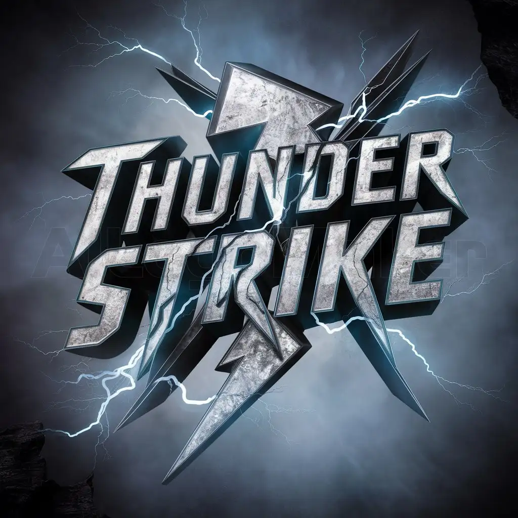 a logo design,with the text 'Thunder Strike', main symbol:A powerful thunder strike, 3d, dark colors, dark atmosphere, phenomenal  Color :  dark blue gradiant, insanely detailed,complex,be used in Entertainment industry, black Rock background