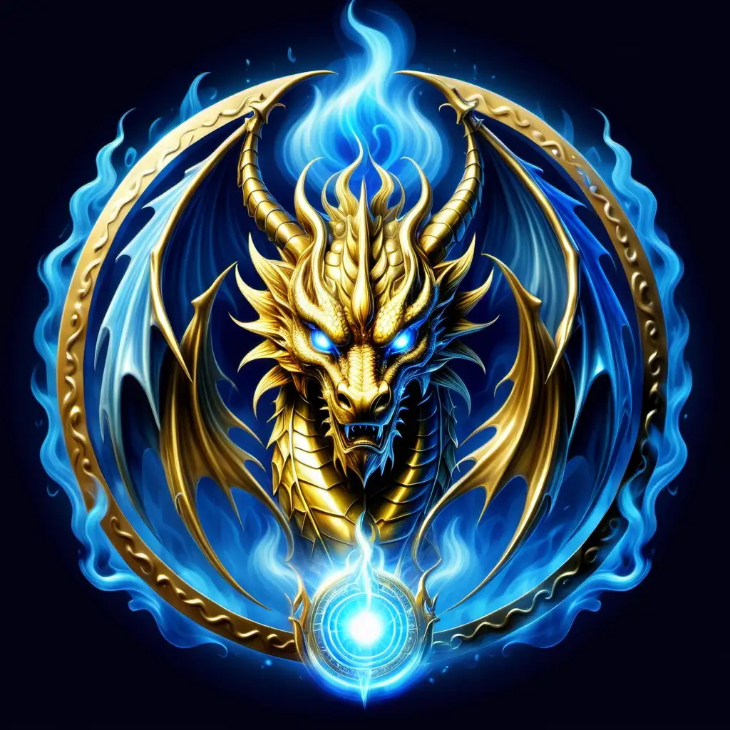 Fierce Metallic Golden Dragon with Blue Light Aura and Circular Emblem