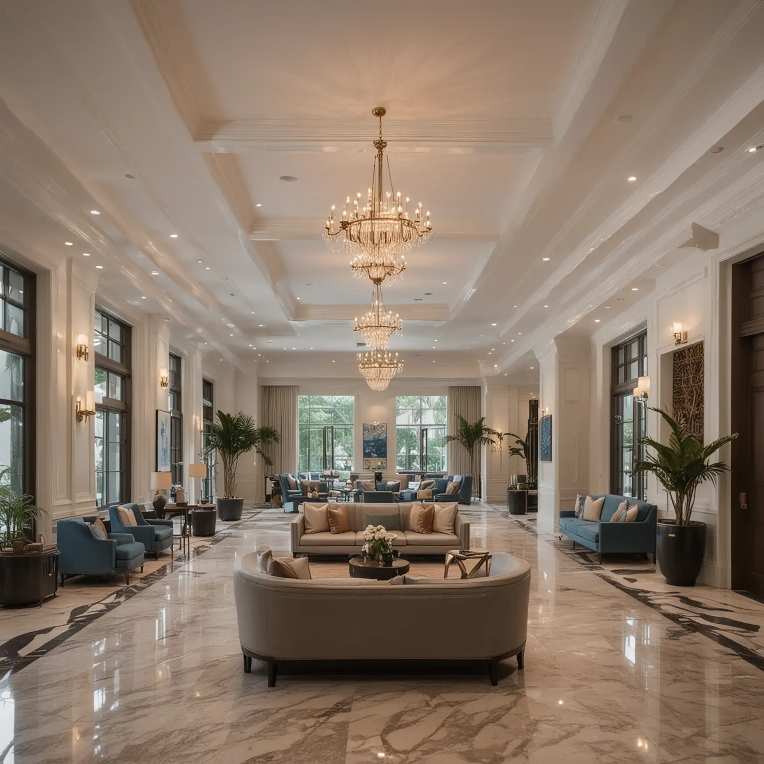 modern coastal colonial grand hotel lobby inspired by Hard Rock Hotel