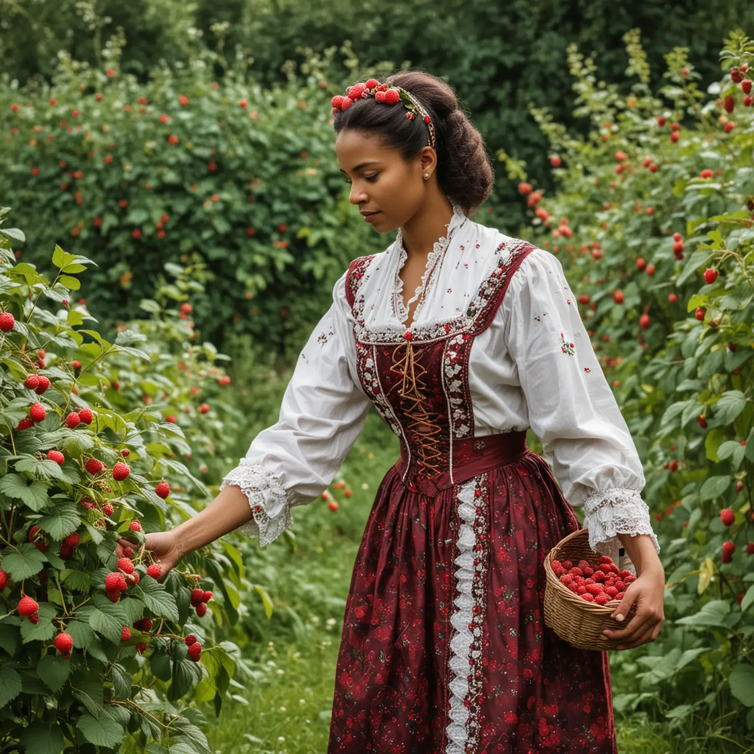 Негритянка  стоит спиной в русском национальном костюме собирает малину в саду 