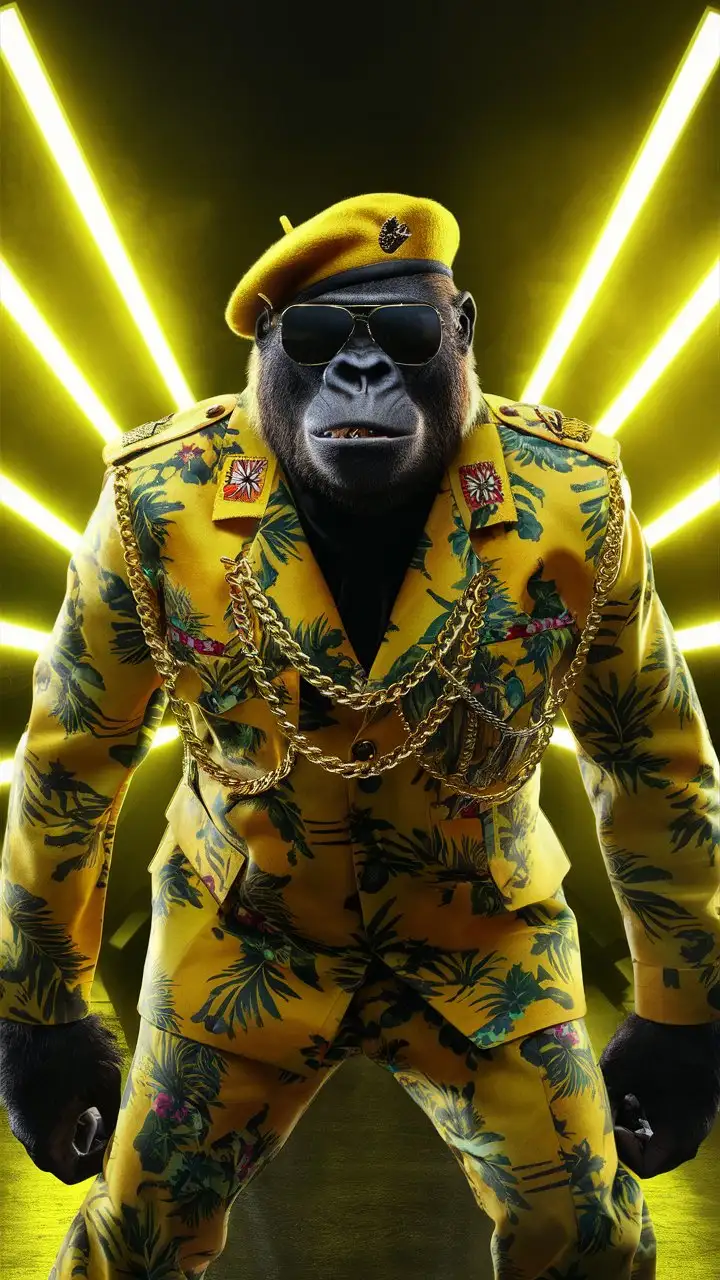 Gorilla in Yellow Hawaiian Military Outfit with Neon Lights