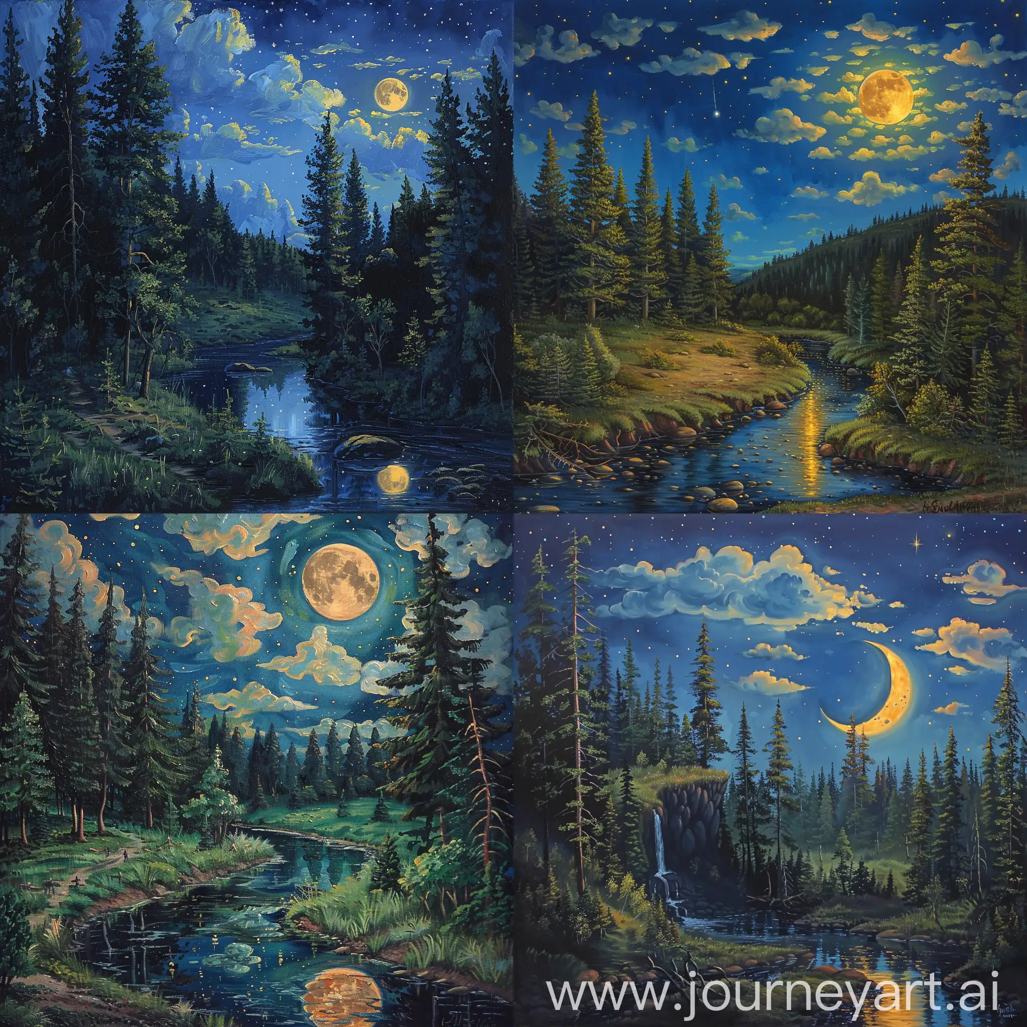 Forest landscape, oil painting, summer night, the moon is reflected in a small river that flows to the right, small clouds in the night sky, trees, pines, fir trees are visible at night, a beautiful picture