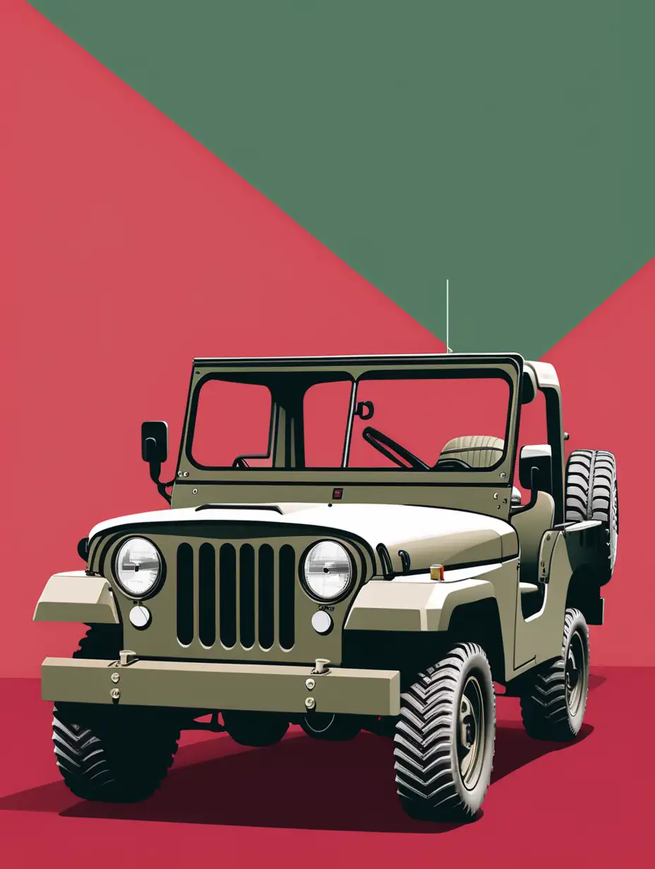Geometric minimalistic vector illustration of a military jeep on a background of red and green color surfaces