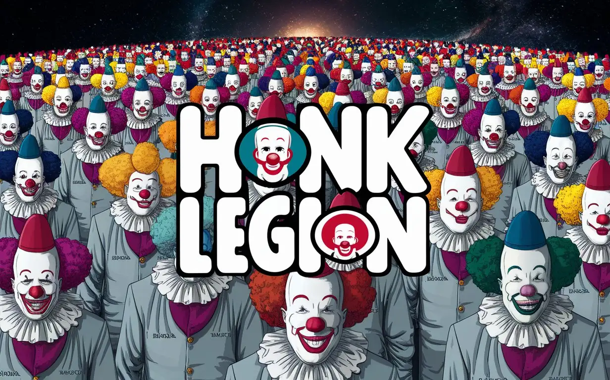 Surrealistic, cartoon, multiple clowns in a legion in space, logo with text 'HONK legion', more accurate faces. 