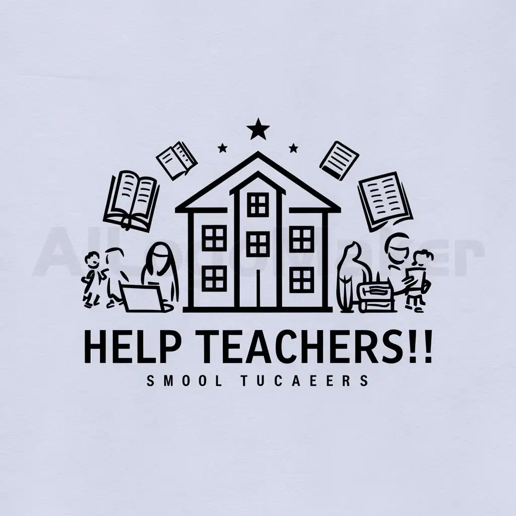 a logo design,with the text "Help teachers!", main symbol:School, textbooks, teachers, students,Moderate,clear background
